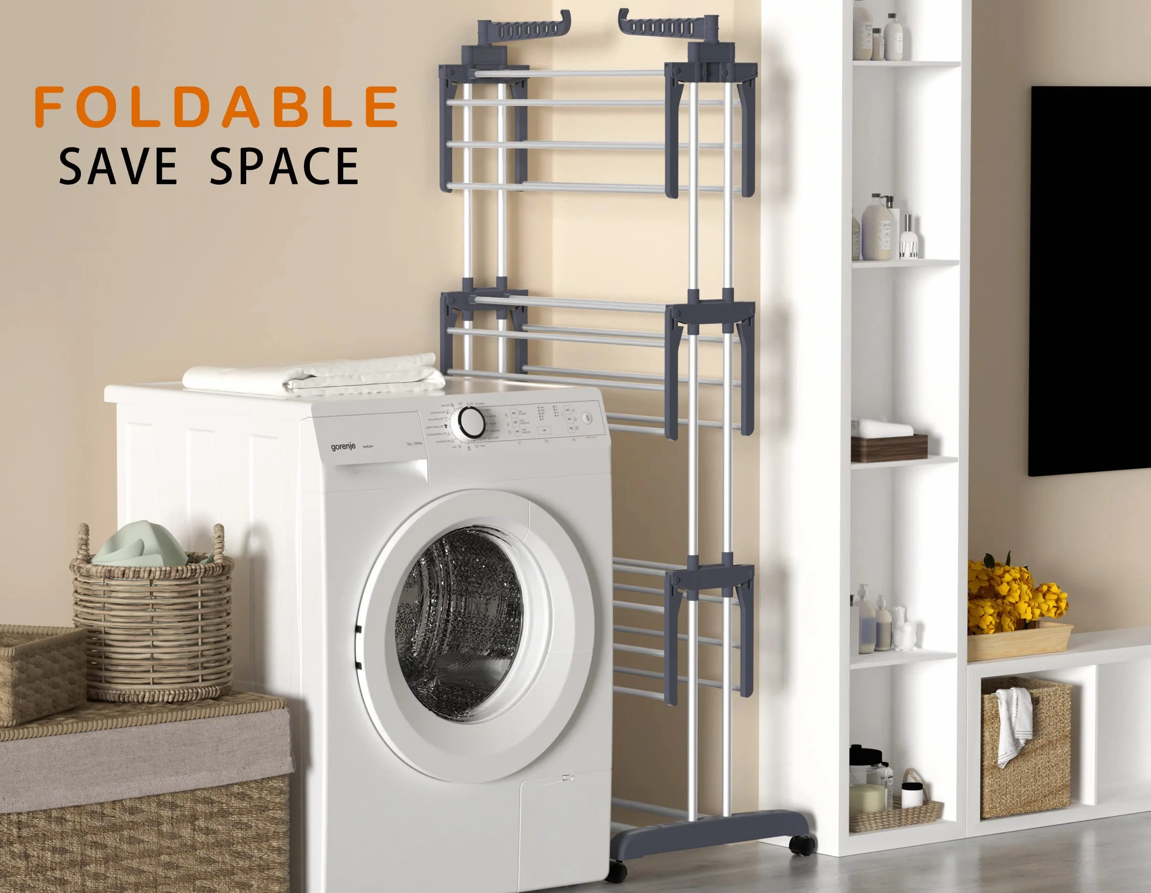 HOMIDEC Tendedero Plegable Vertical 4 Niveles con Ruedas, Acero Inoxidable, Exterior e Interior, Gris