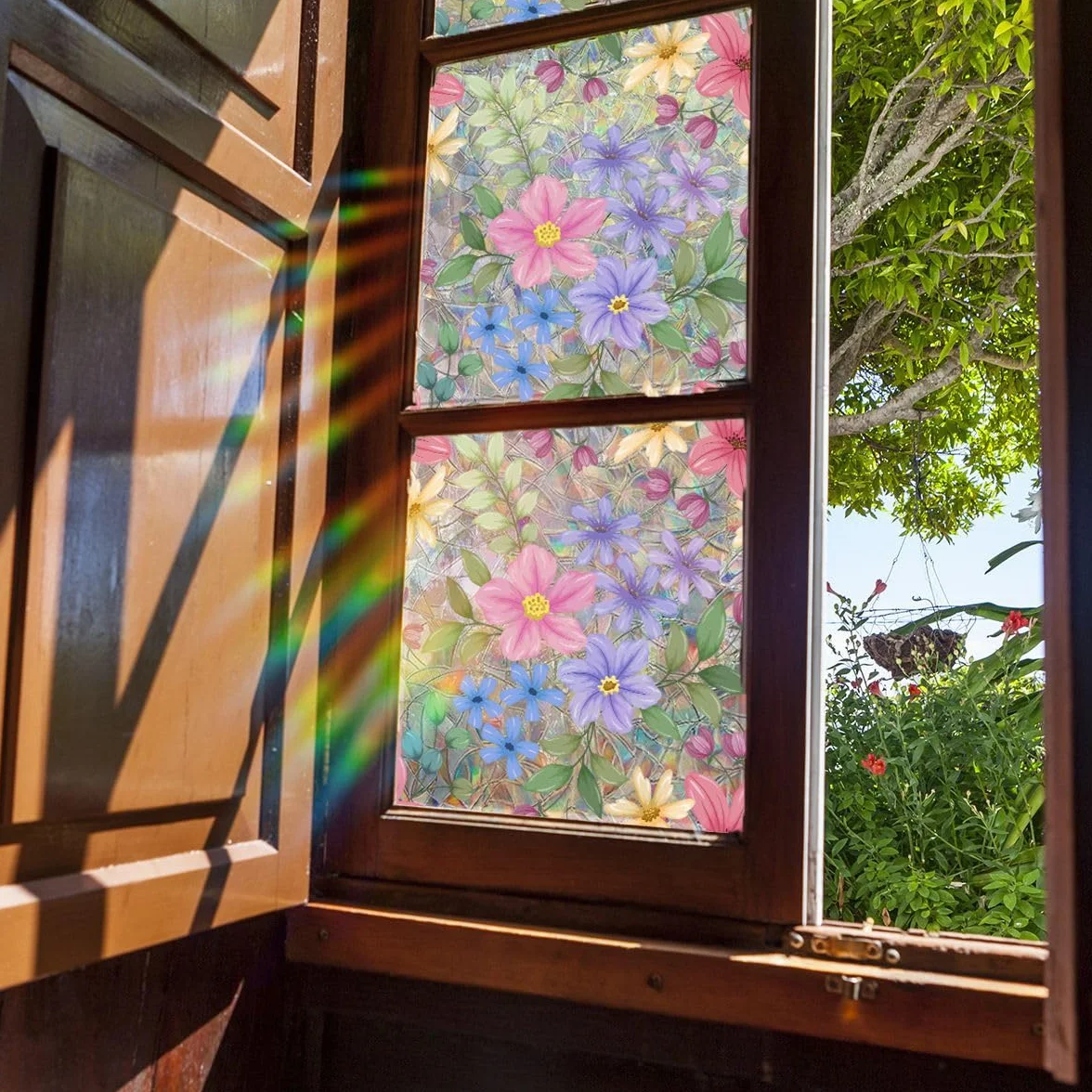 Runtoo 3D Vinilo Decorativo Vidrieras de Jardín Película de Privacidad para Ventana, Hojas Florales, Arcoíris, 17 x 40 Pulgadas