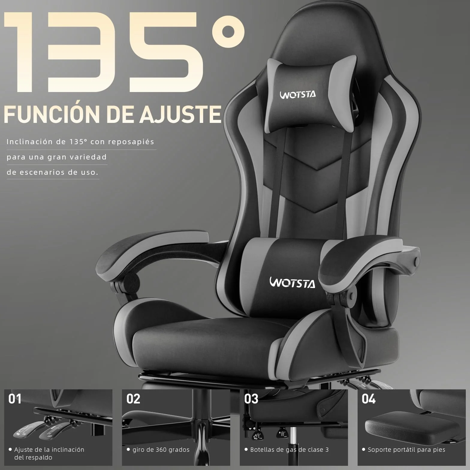 Silla Gaming Ergonómica con Reposapiés, Altura Regulable, Respaldo Abatible, Masaje, Reposacabezas, 120 kg