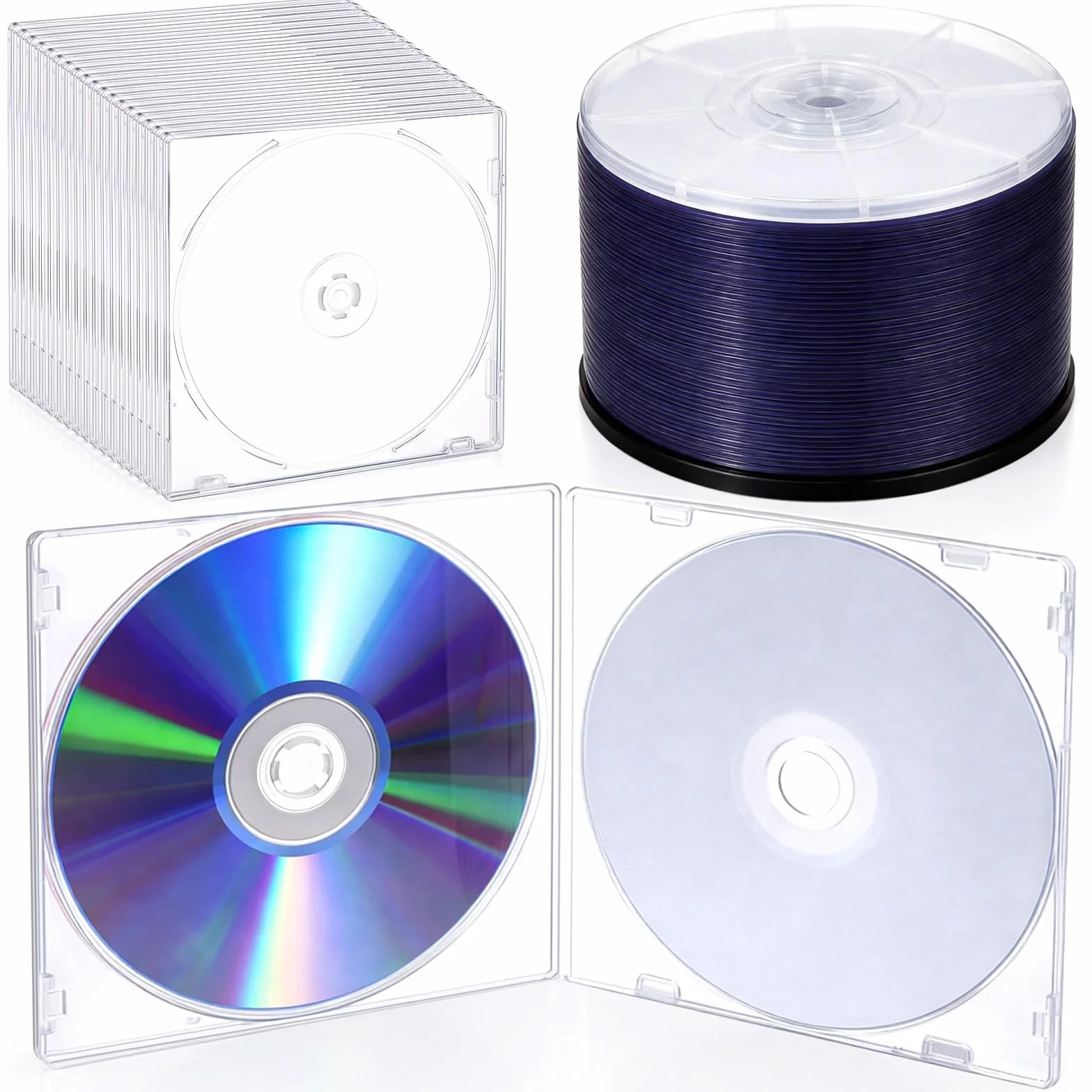 50 discos grabables en blanco de 4,7 GB, 120 minutos, 1-16 discos DVD-R imprimibles en blanco con 50 fundas transparentes para video VCR, cámara, datos de música (eje, blanco)