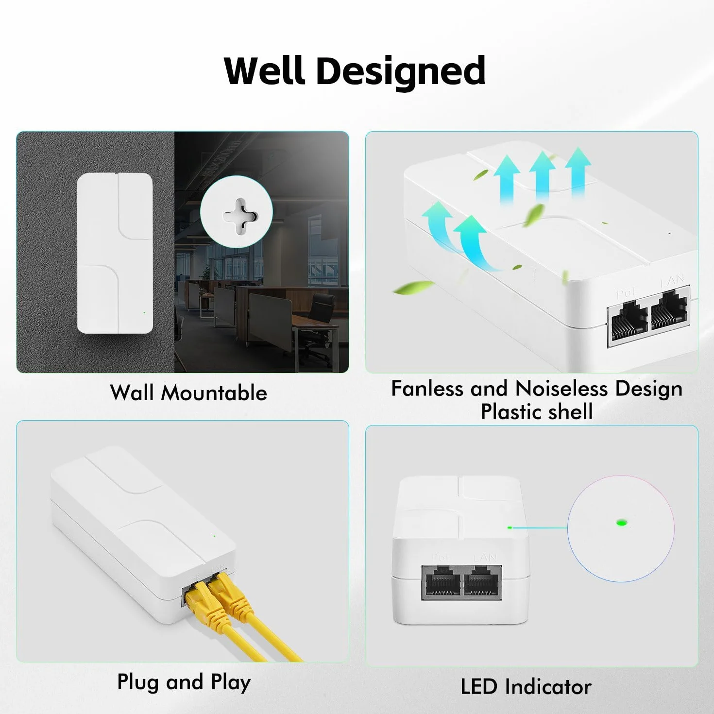 Inyector Gigabit PoE de 15,4 W, Compatible con IEEE 802.3af, Adaptador Compacto Power Over Ethernet Blanco YuLinca, Plug and Play, diseño sin Ventilador para Montaje en Pared con indicador LED