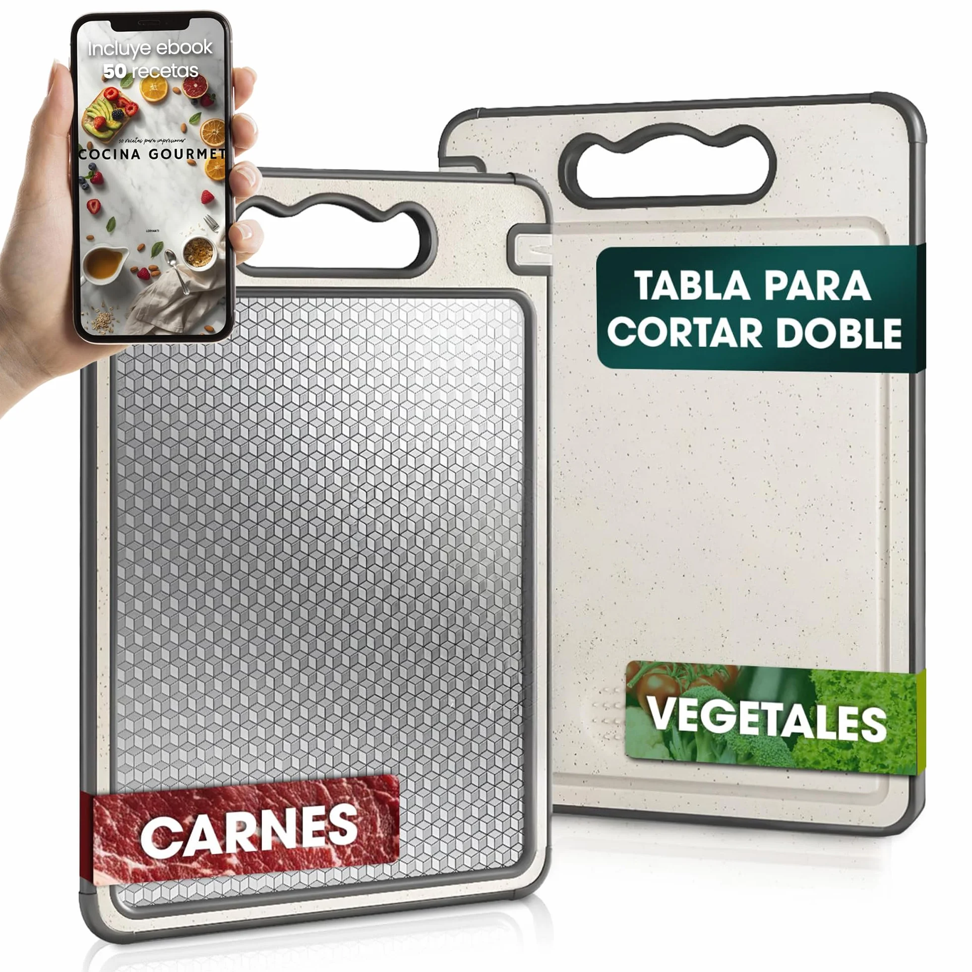 Tabla de Cortar Acero Inoxidable 36x25 cm - Doble Cara Antibacteriana para Carne y Verduras