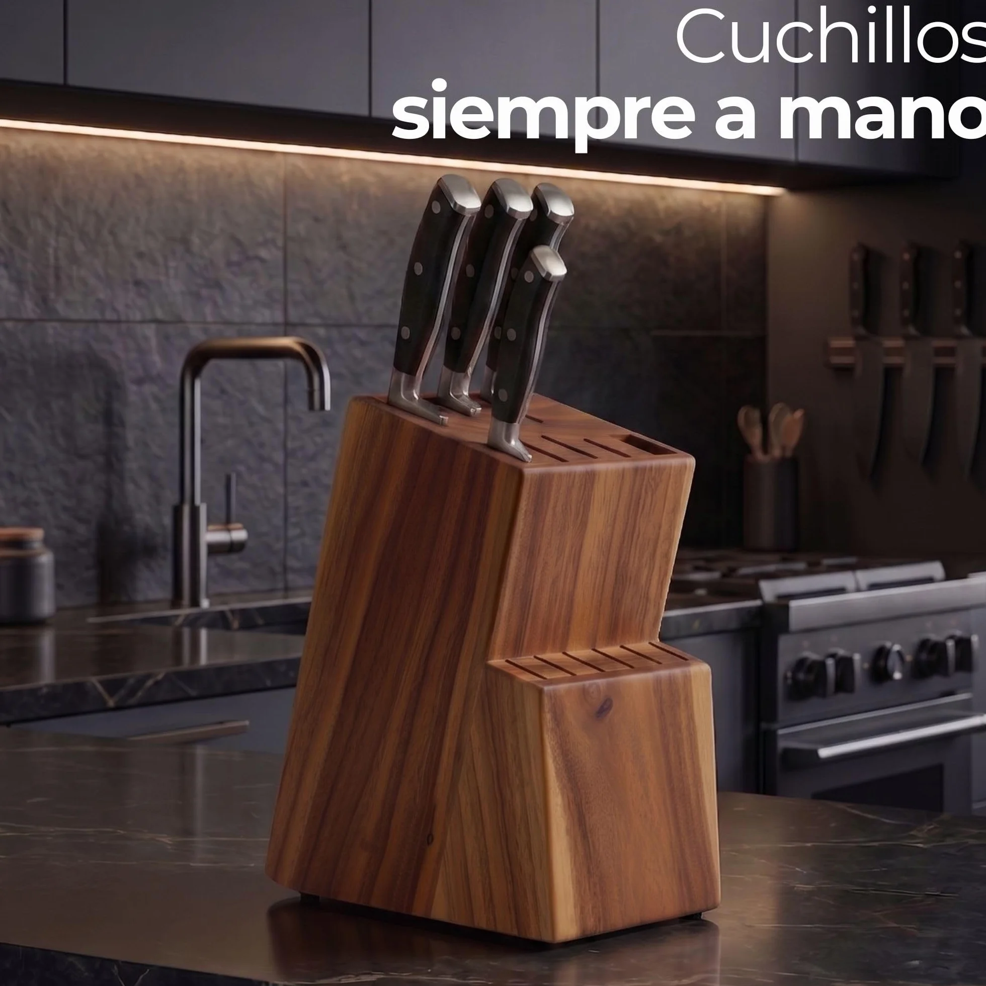 Porta cuchillos cocina universal 15 piezas madera maciza Acacia robusta con soporte para tijera