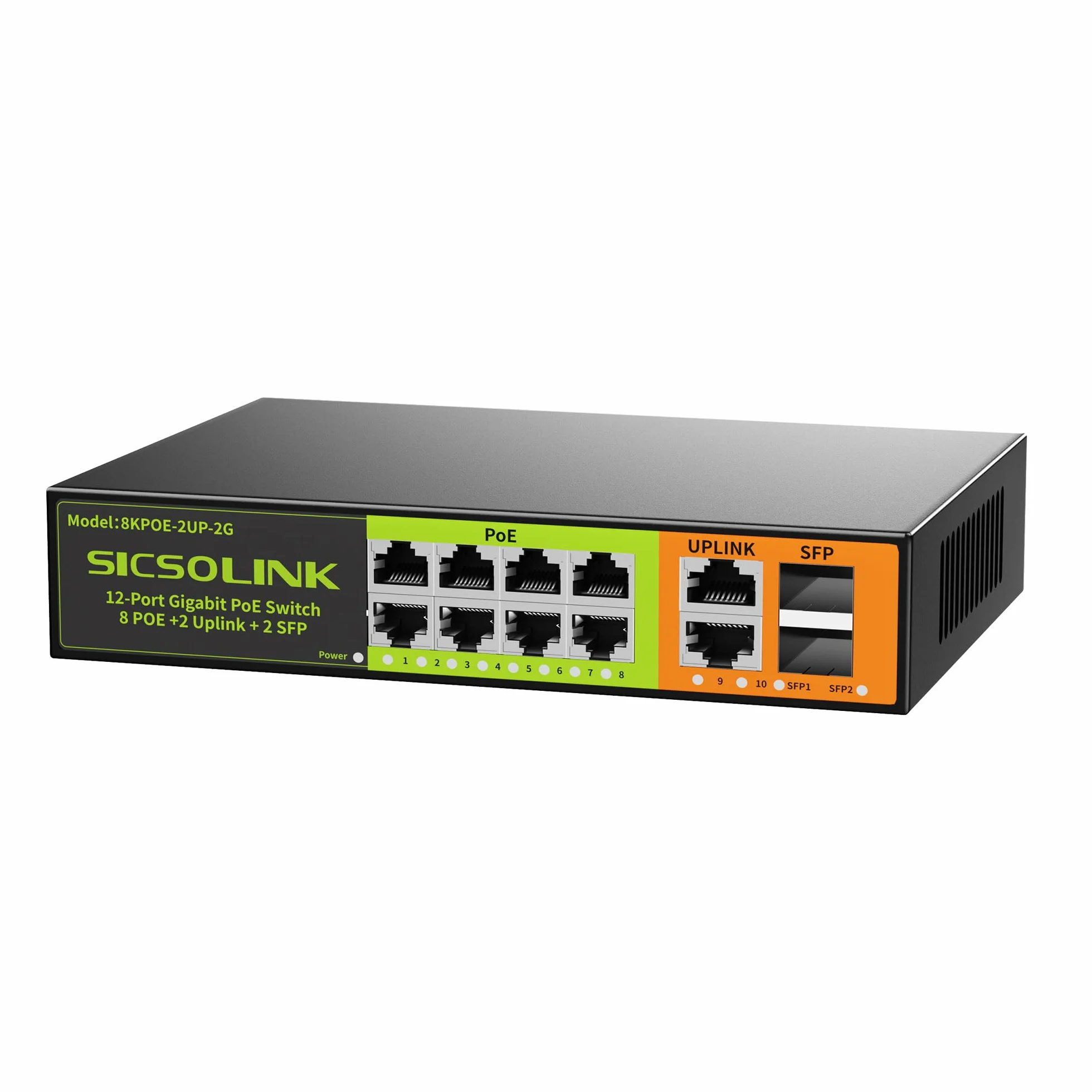 Switch Gigabit PoE+ de 8 Puertos con 2 Uplink y 2 SFP, 1000 Mbps, Ethernet PoE no gestionado, 120 W, Plug & Play, Ideal para Punto de Acceso (Ap) y Cámara de Vigilancia PoE