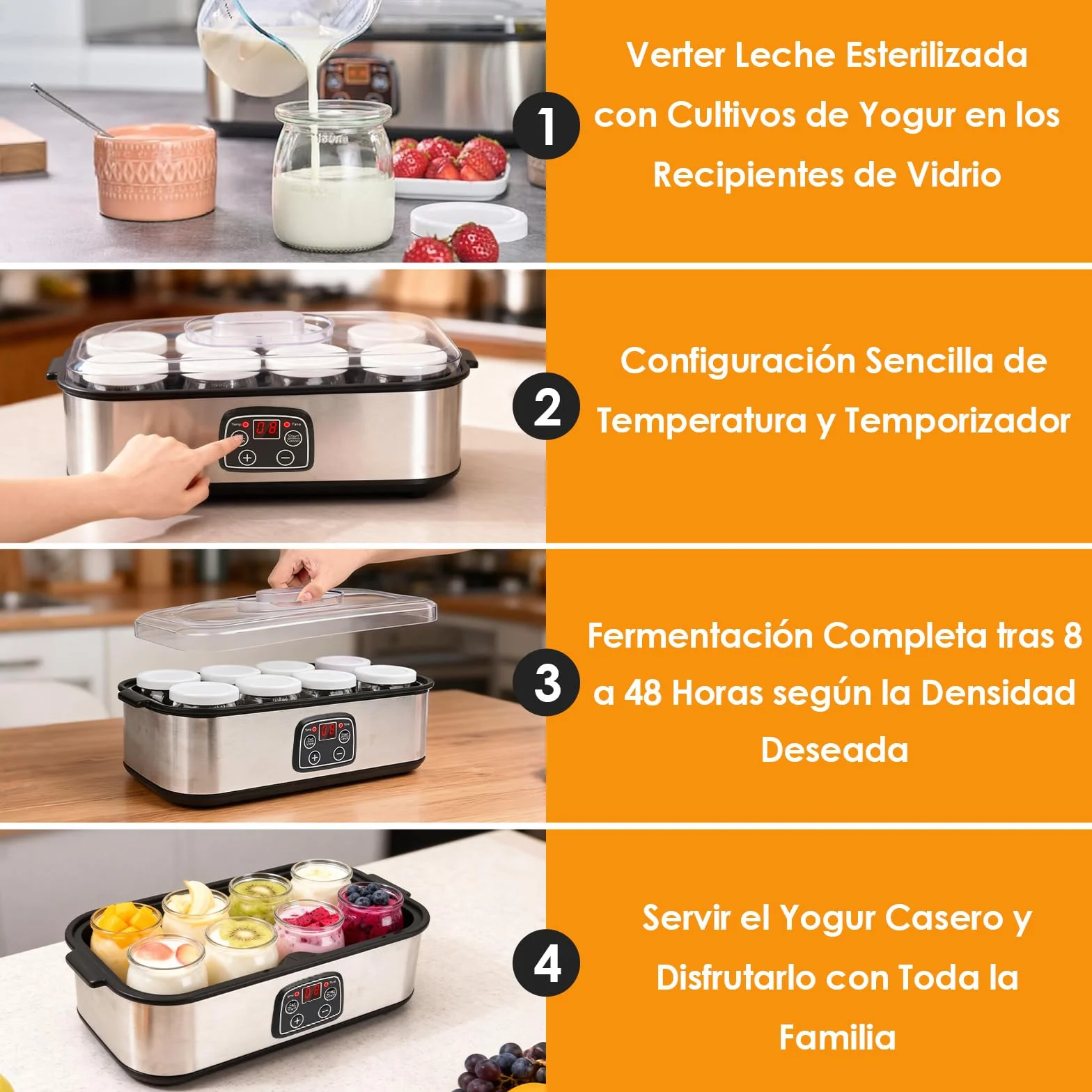Dreamhigh Yogurtera Eléctrica 1.4L 8 Tarros de Cristal 180ml Temporizador 1-48H Apagado Automático