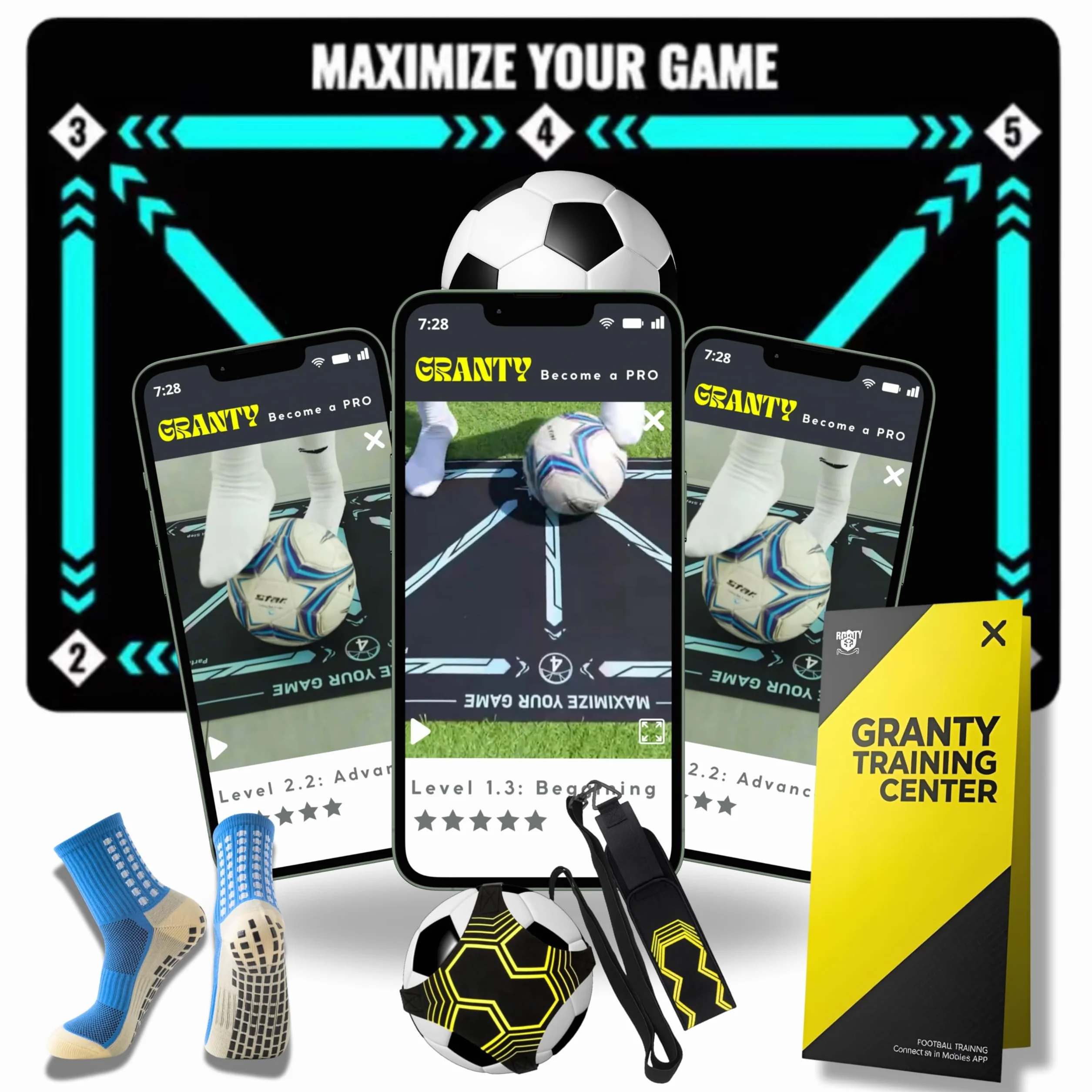 GRANTY Alfombra Entrenamiento Futbol CON APP - Incluye Kick Throw + Calctines + Bolsa + App de Entrenamiento con Videos Interactivos - Alfombra Futbol Entrenamiento