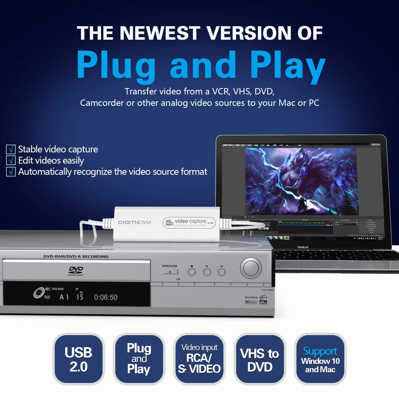 DIGITNOW! Tarjeta de Captura de Video USB 2.0, VHS VCR TV to DVD Converter, Compatible con Mac OS X PC Windows 7 8 10