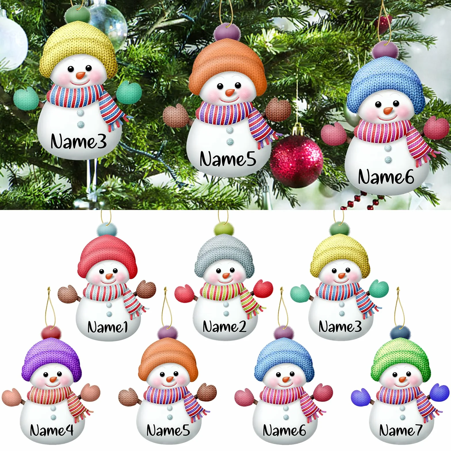Adornos Personalizados para Árbol de Muñeco de Nieve de Navidad, Decoraciones Navideñas, Regalos de 7 Piezas