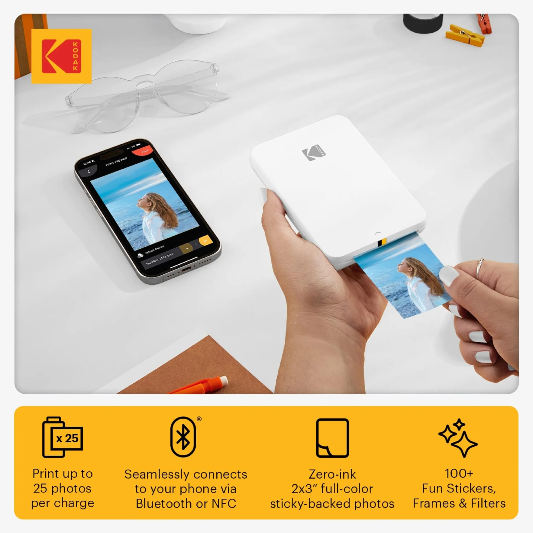KODAK Step Slim Impresora Impresora de Fotos instantánea para Smartphone móvil inalámbrica a Color, portátil y Elegante; Imprime Fotos Zink de 2x3 (5,1x7,5 cm), Blanco