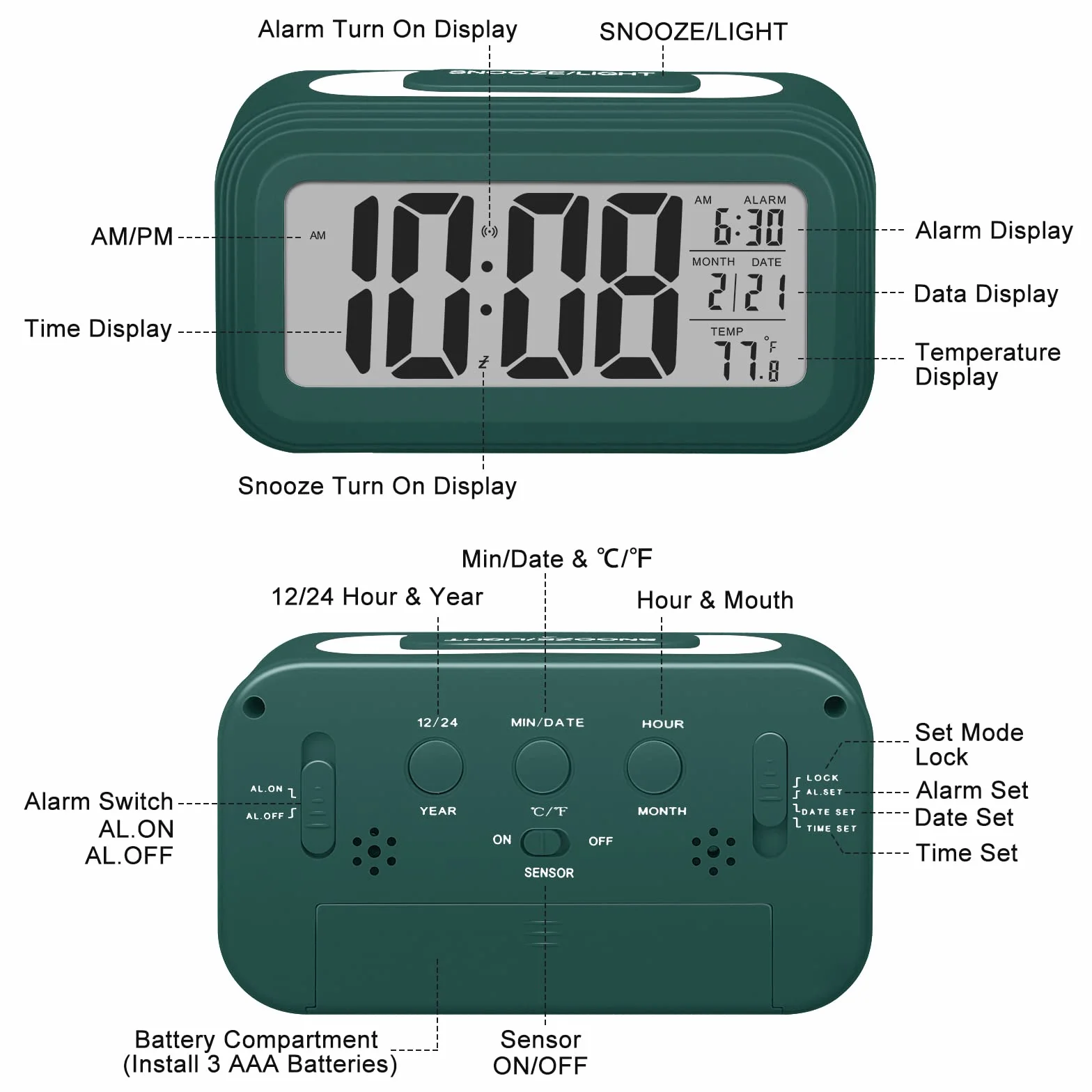 Despertador Digital Silencioso Inteligente a Baterías con LED Luminoso Función Snooze Fecha Temperatura Verde Oscuro