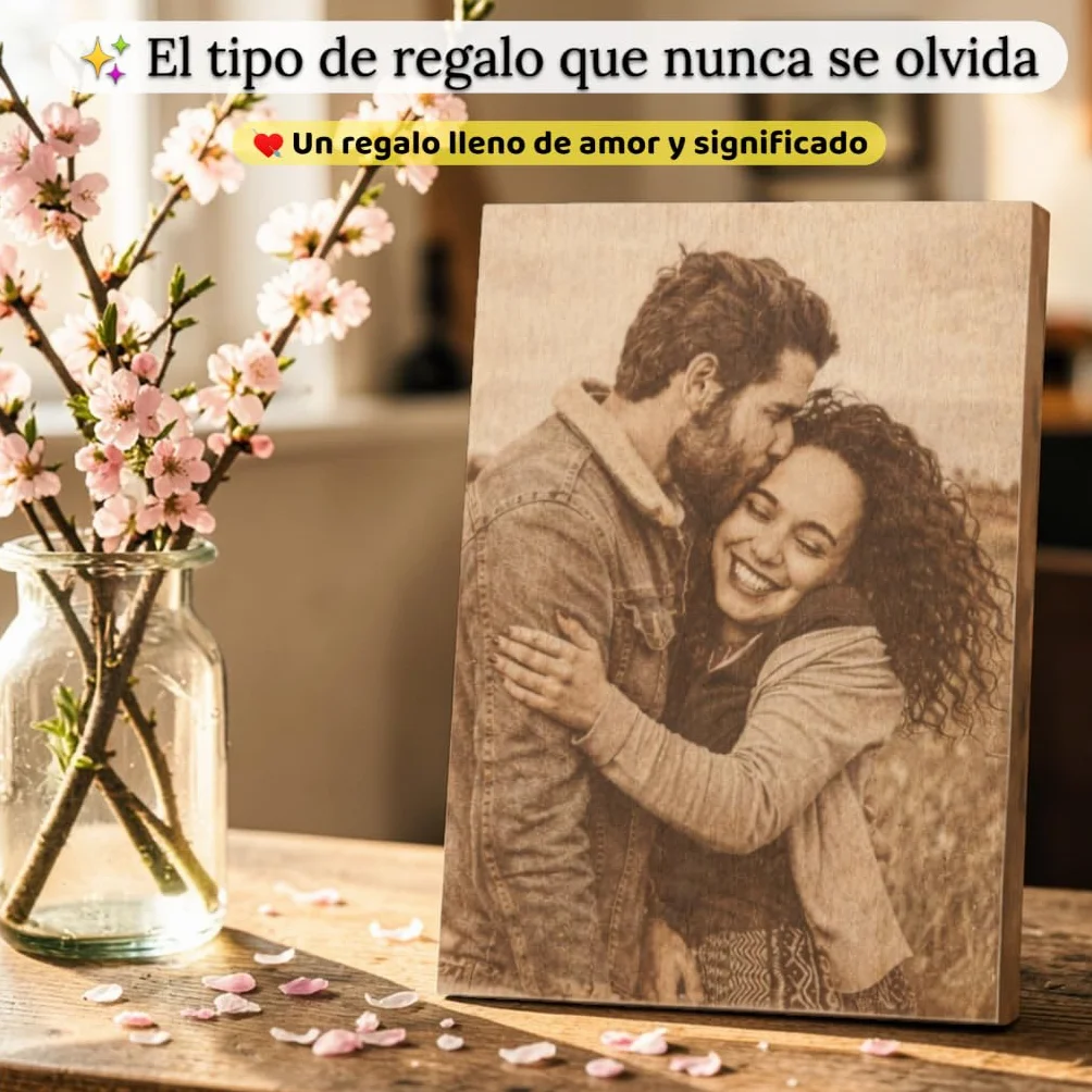 Regalo Personalizado para Pareja con Foto y Texto en Madera Natural - Cuadro Romántico Grabado con Imagen y Dedicatoria para Novio o Novia