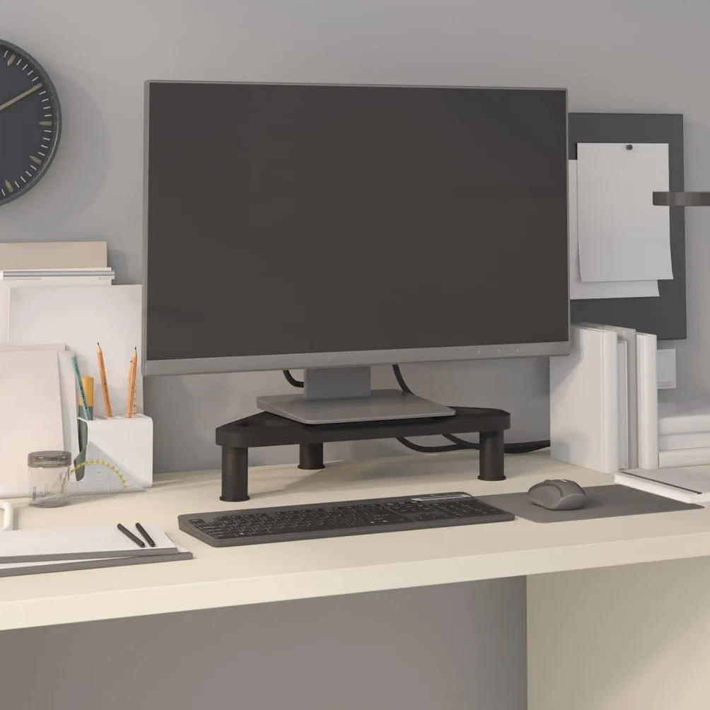 Soporte para monitor esquinero negro de HIPS resistente a los golpes, 49 x 28 x 10,5 cm, 3 alturas ajustables, soporte ergonómico para PC, ideal como accesorio para oficina y oficina en casa