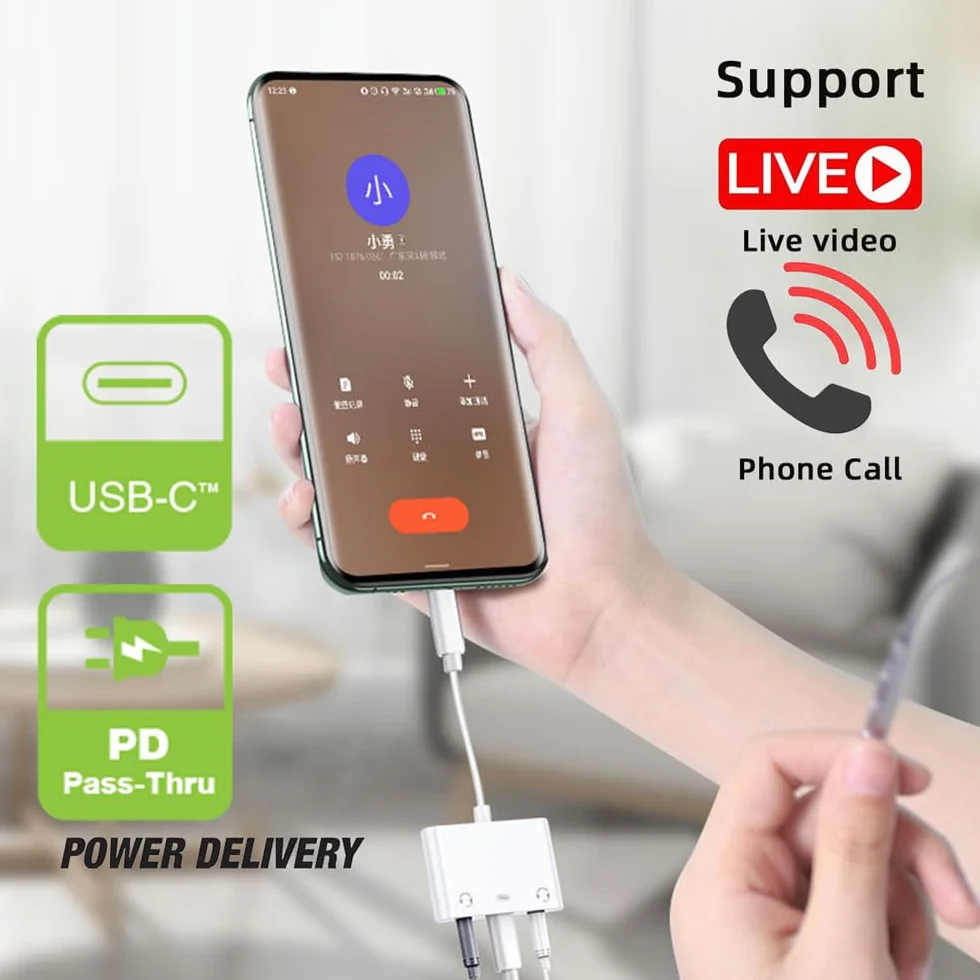 Cablcc Tarjeta de sonido USB-C tipo C a doble audio AUX y MIC de 3,5 mm con adaptador de carga de alimentación PD compatible con teléfonos portátiles y tabletas