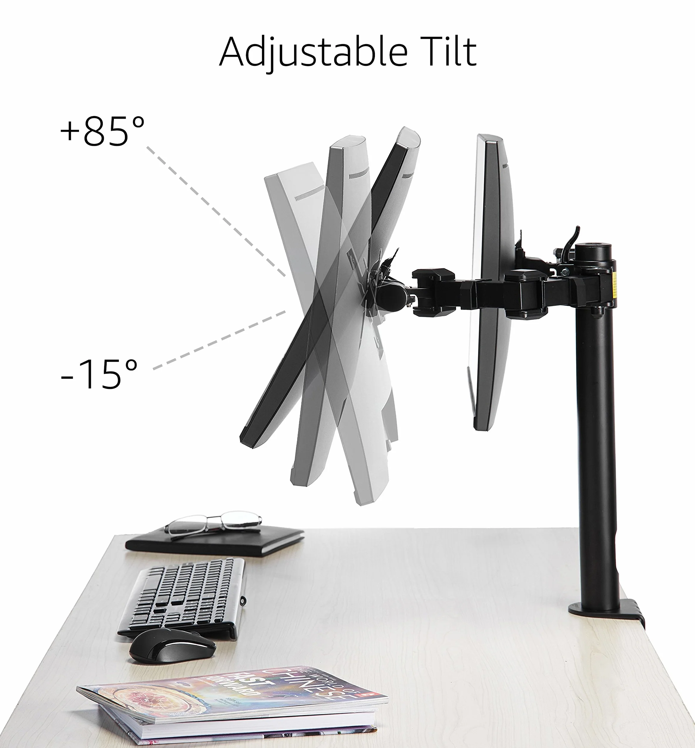 Amazon Basics Soporte para dos pantallas con brazo de montaje con altura ajustable, rotación de 360°, inclinación de pantalla ajustable y organizador de cables (acero), Negro