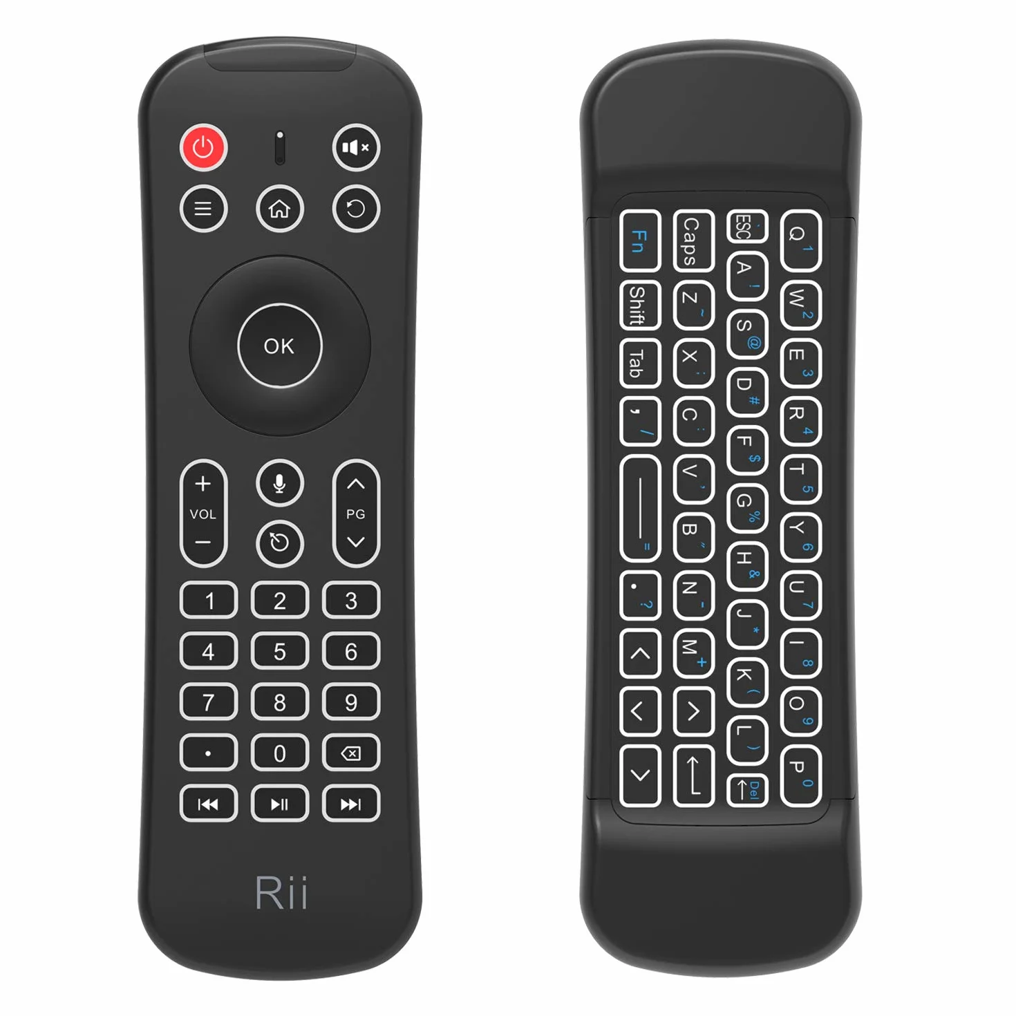 Rii MX6+ Wireless + IR - Control Remoto con Gyro Mouse, Teclado retroiluminado y micrófono para Android Smart TV, TV Box, PC y Mac
