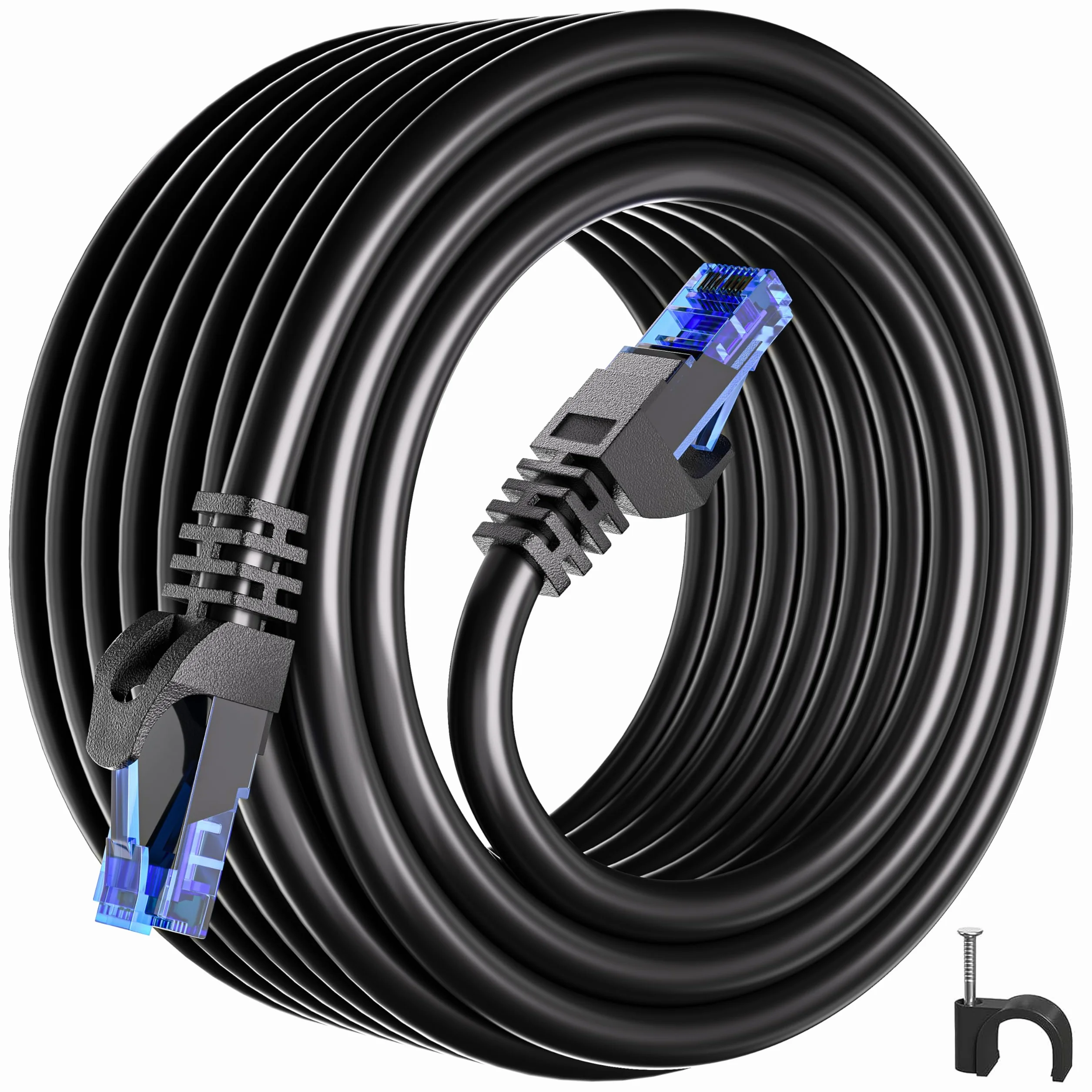 ikbc Cable Ethernet 20 Metros,Cat 6Alta Velocidad Cable de Red20m Largo Cable RJ45,Gigabit UTP Cable LAN Negro 250MHz,23AWG Interior Exterior Cable Internet para Router Switch Módem PS5 PC (20 Clips)