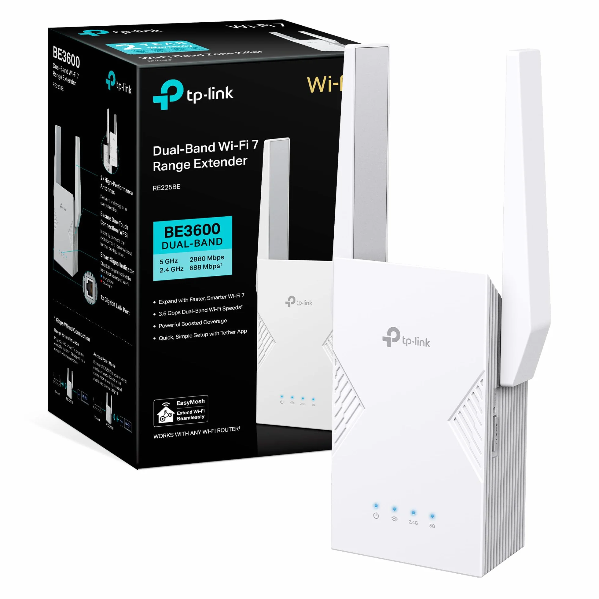 TP-Link RE225BE Repetidor de Doble Banda Wi-Fi 7 Amplificador, 3,6 Gbps, Gigabit LAN, MLO, EasyMesh, WPA3, WPS