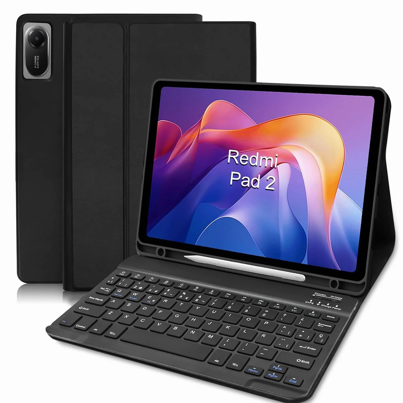 Funda Teclado para Xiaomi Redmi Pad 2 /Redmi Pad SE 11 Pulgada, Español Ñ Bluetooth Magnético, Smart Funda con Teclado QWERTY para Xiaomi Redmi Pad 2 /Redmi Pad SE 11”, Negro
