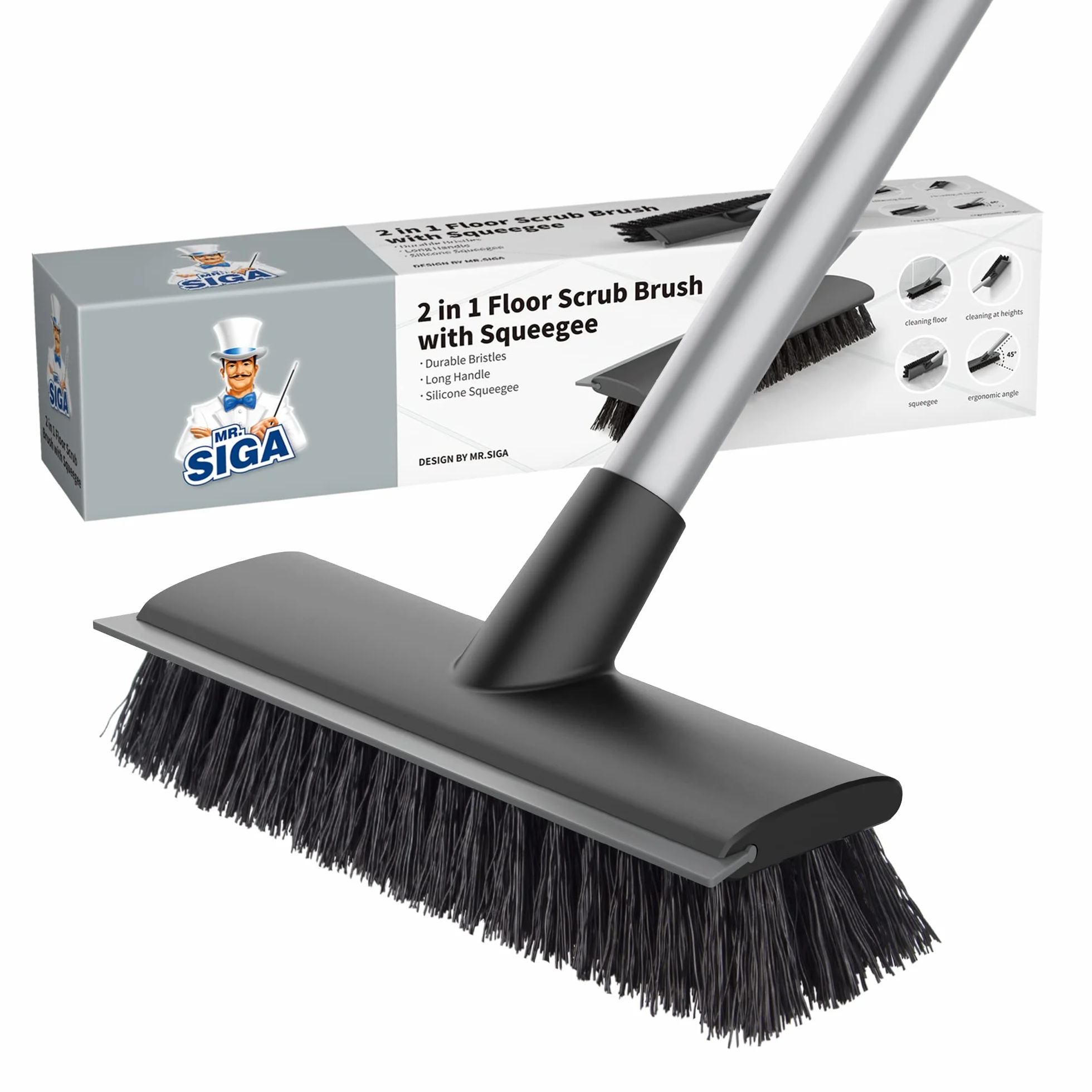 MR.SIGA Cepillo de Limpieza de Suelo con Mango Largo, 2 en 1 y escobilla de Goma para Limpiar baño, Patio, Garaje, Pared, Cepillo de Limpieza de Azulejos con cerdas rígidas