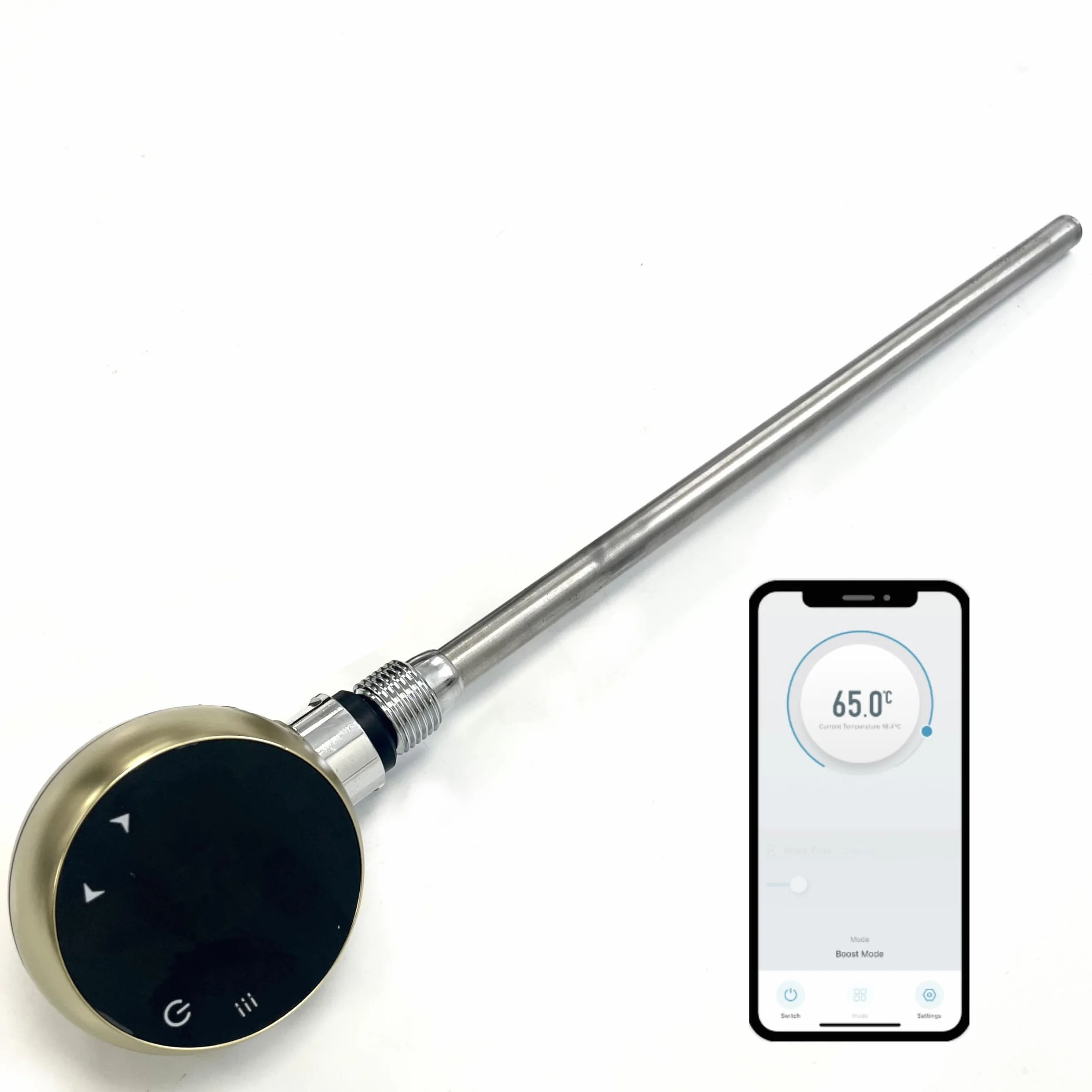 Elemento calefactor eléctrico inteligente Wifi para toalleros y radiadores con pantalla táctil LED Termostato/temporizador de bajo consumo (UE) (Latón cepillado, 200w)