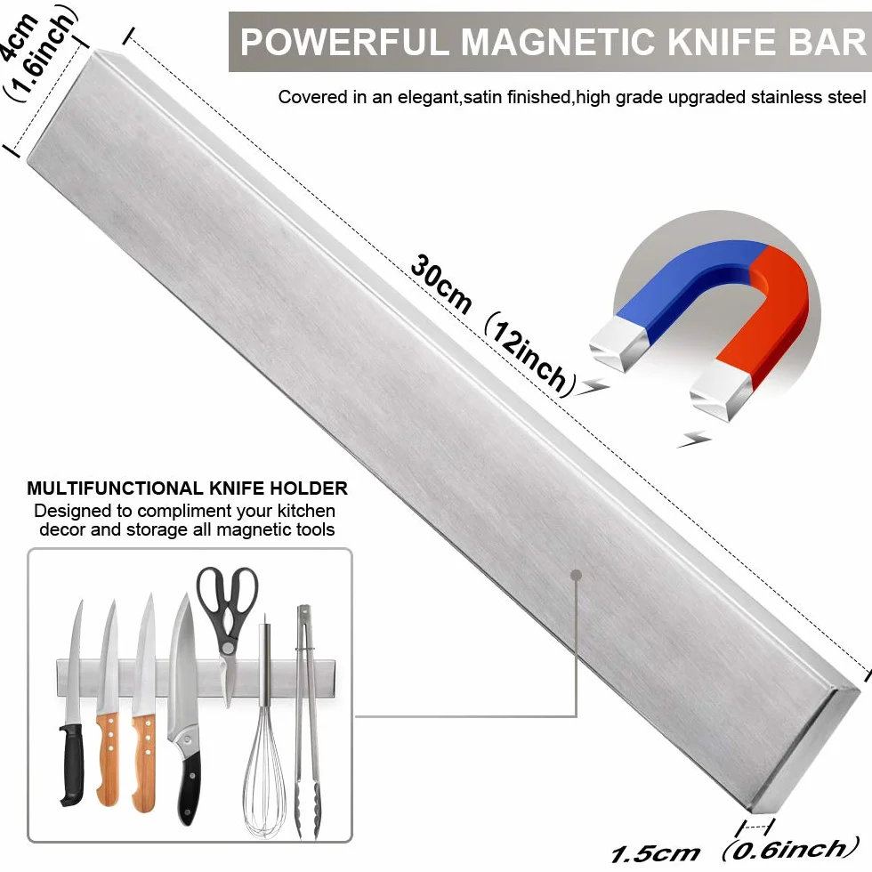 Ninonly Barra Magnética para Cuchillos 30cm, Soporte Adhesivo de Acero Inoxidable para Cocina