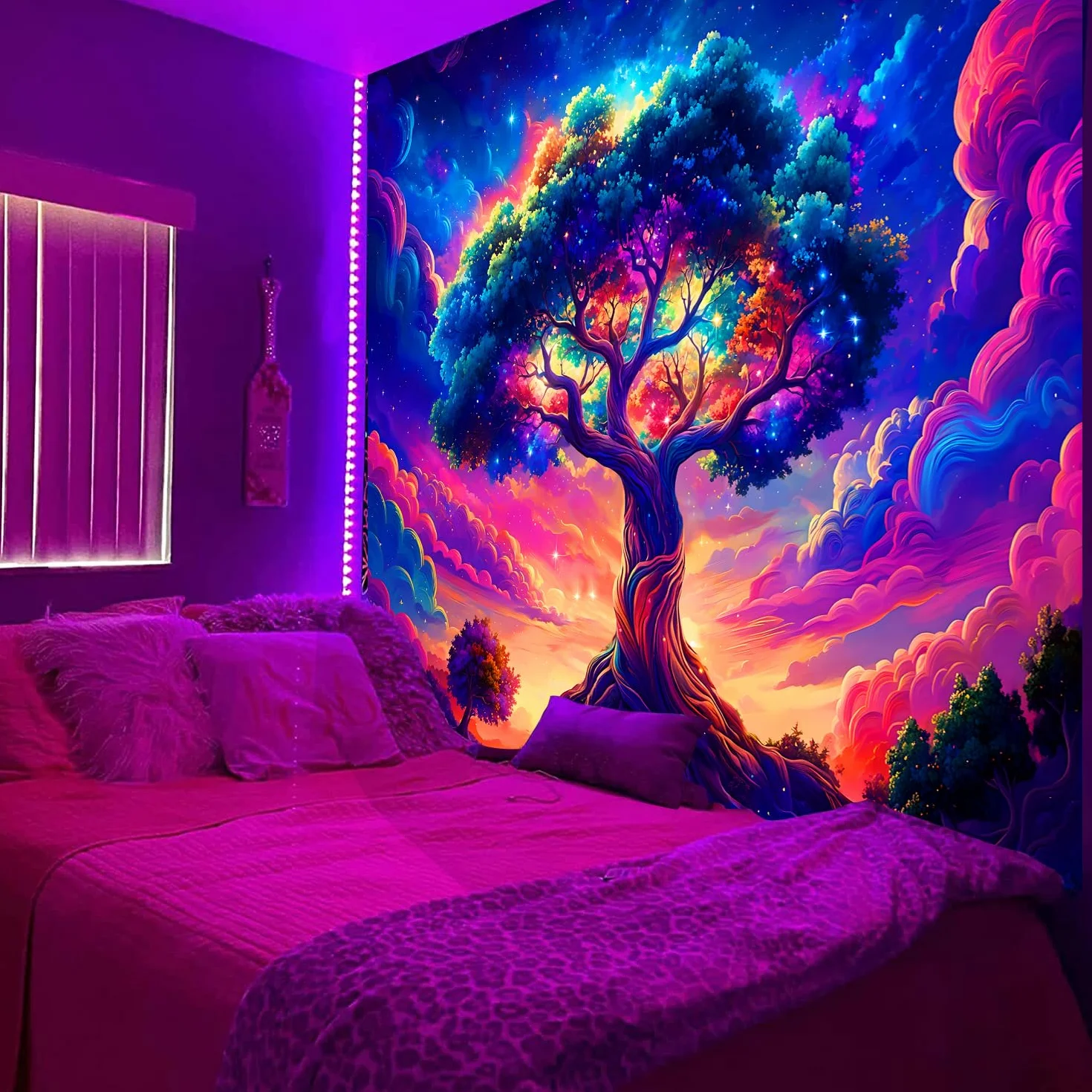 Arsey Árbol de la Vida Tapiz con Luz Negra 300x180 cm UV Reaktiv