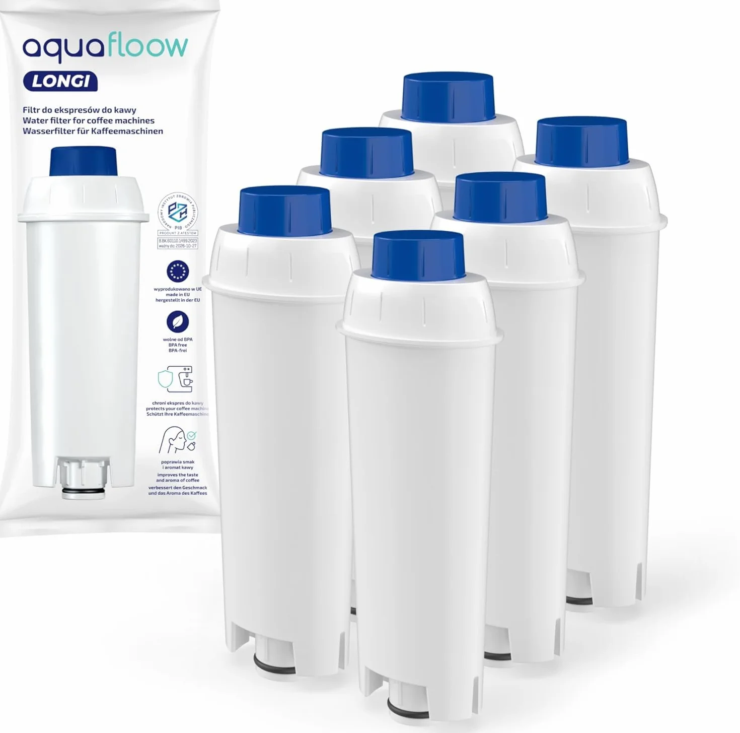 Aquafloow Purificador de Agua Compatible con Cafetera DeLonghi® DLSC002 Magnifica® S, Eletta®, Dinamica®, PrimaDonna® y Serie ECAM – Cartucho Filtrante para Máquina de Café y Espresso (6x)