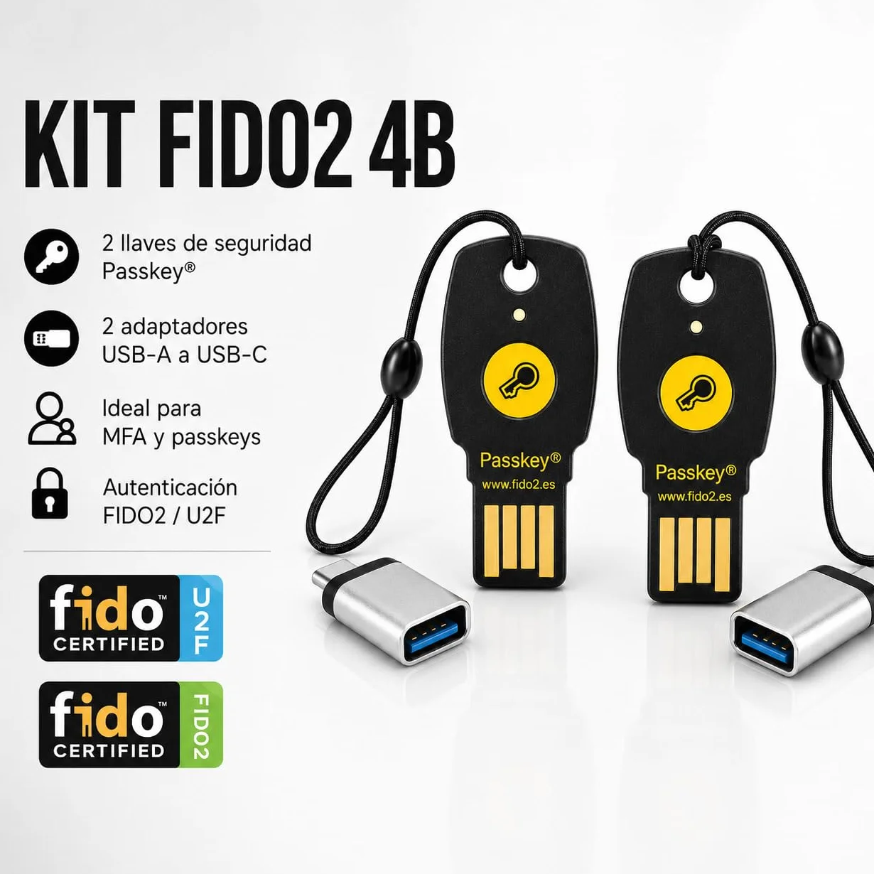FIDO2 + U2F - USB A Y C - PassKey® FIDO2 Basic - FIDO2 Certified - ChipNet ID -Empresa Española con Soporte Personal.