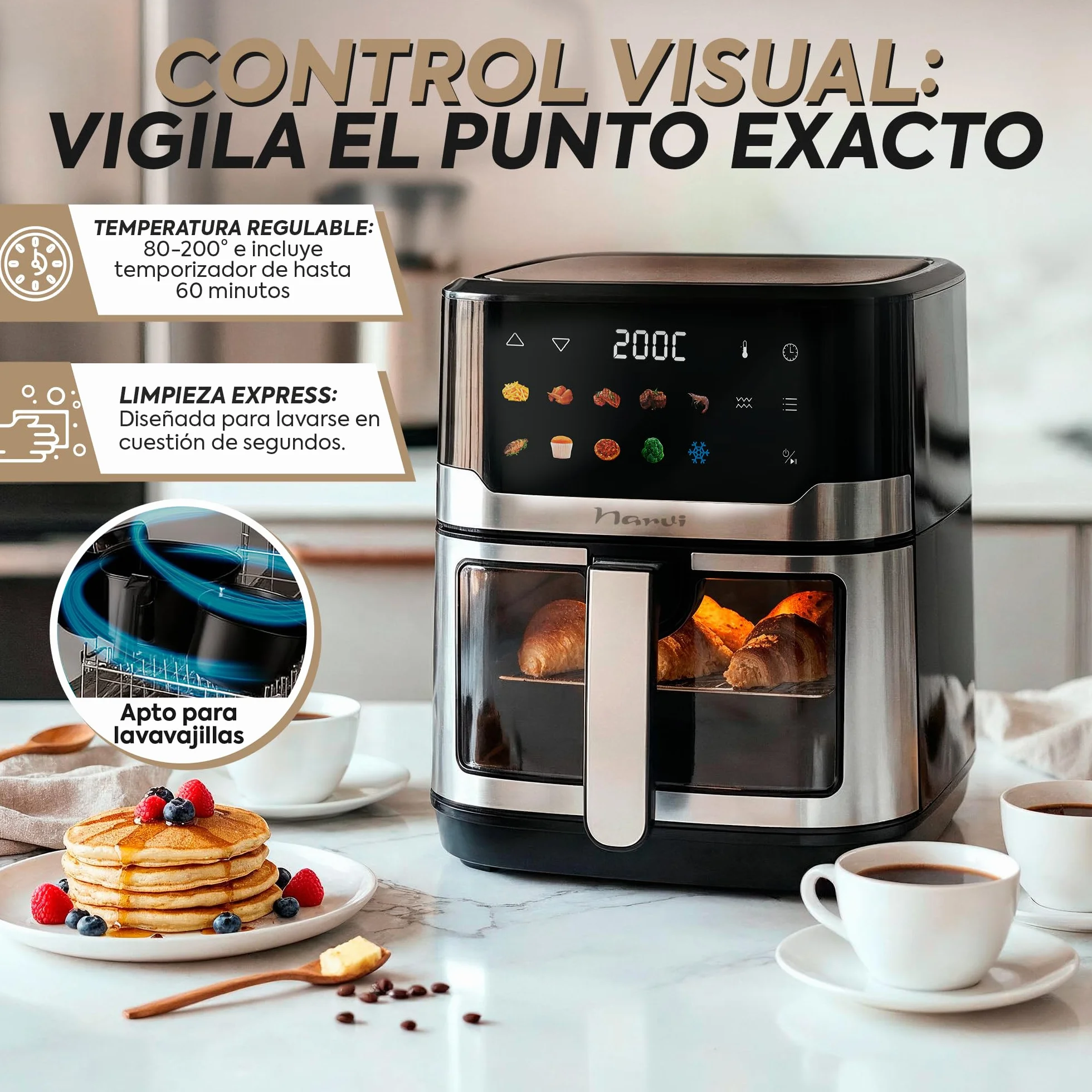 Narvi Freidora de Aire Doble Resistencia 6.5L 2200W 10 Menús Panel Digital Táctil