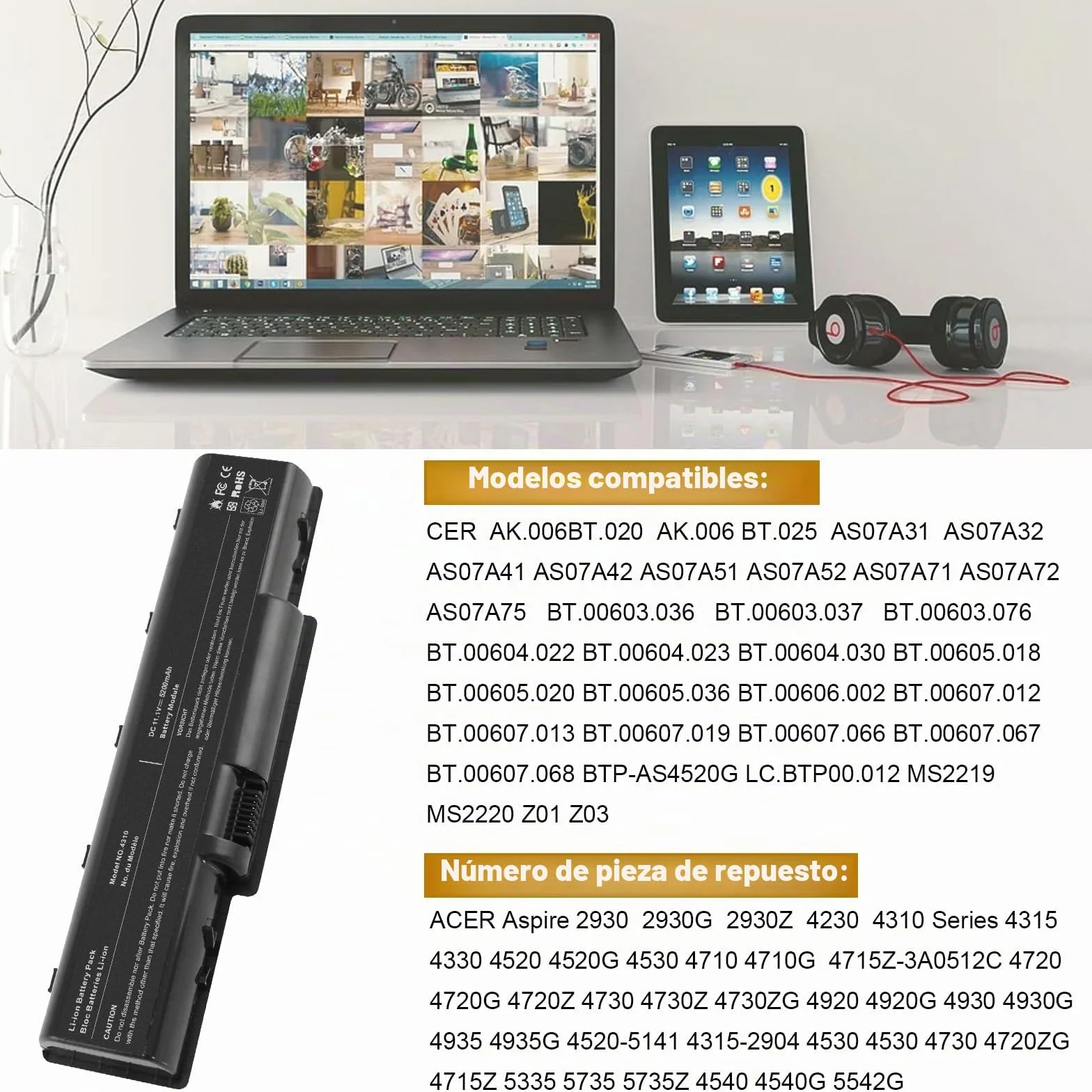 ARyee AS07A51 - Batería compatible con Acer Aspire 5235 5335 4220 4710 5542G 5738G 5740G 4710G 4720G 4240 AS07A75 AS07A72 AS07A71 AS07A52 AS07A52 AS07A55 1