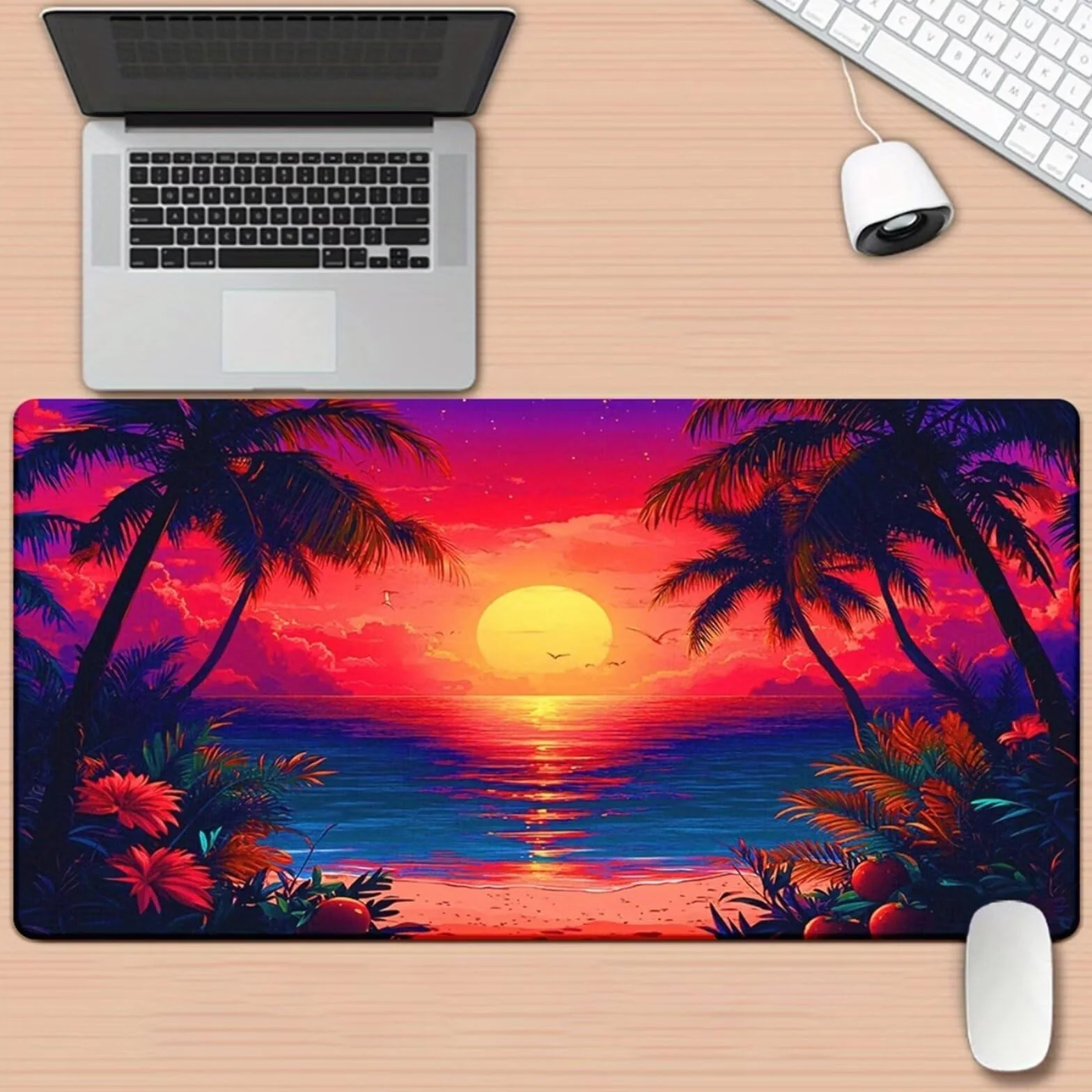 Alfombrilla de Ratón Gaming XXL 1000x500x2mm - Plantas Tropicales Atardecer - Alfombrilla Escritorio Grande con Base Antideslizante y Bordes Cosidos para PC, Oficina