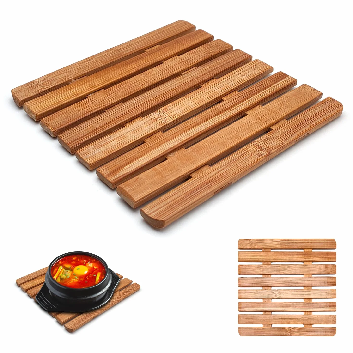 Salvamanteles de madera de bambú resistente al calor – Alfombrilla de mesa para sartenes y ollas calientes y calientes de cocina, de auténtica madera de bambú