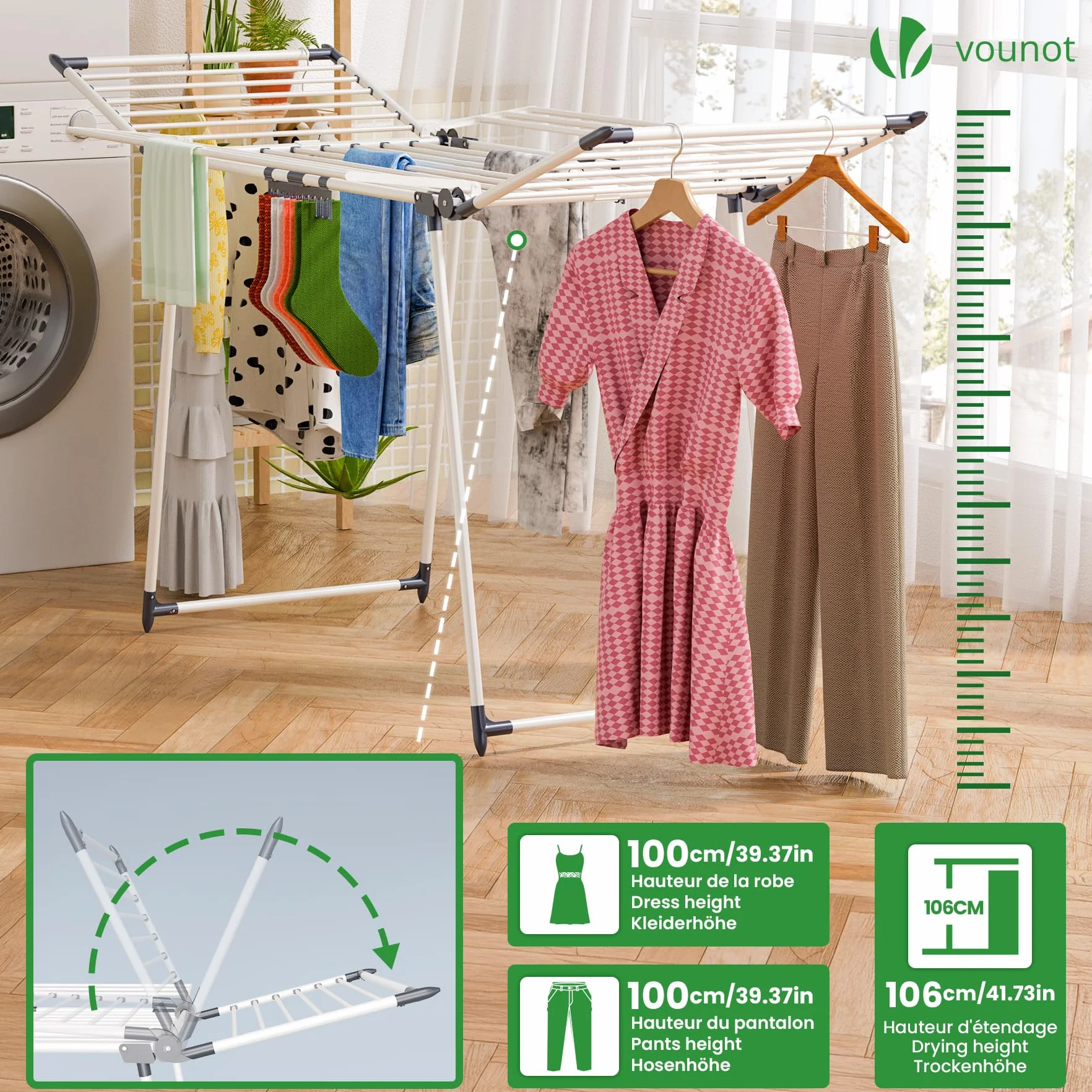 VOUNOT Tendedero de Ropa Plegable Extensible 25m Gran Capacidad 175x92x106cm Blanco