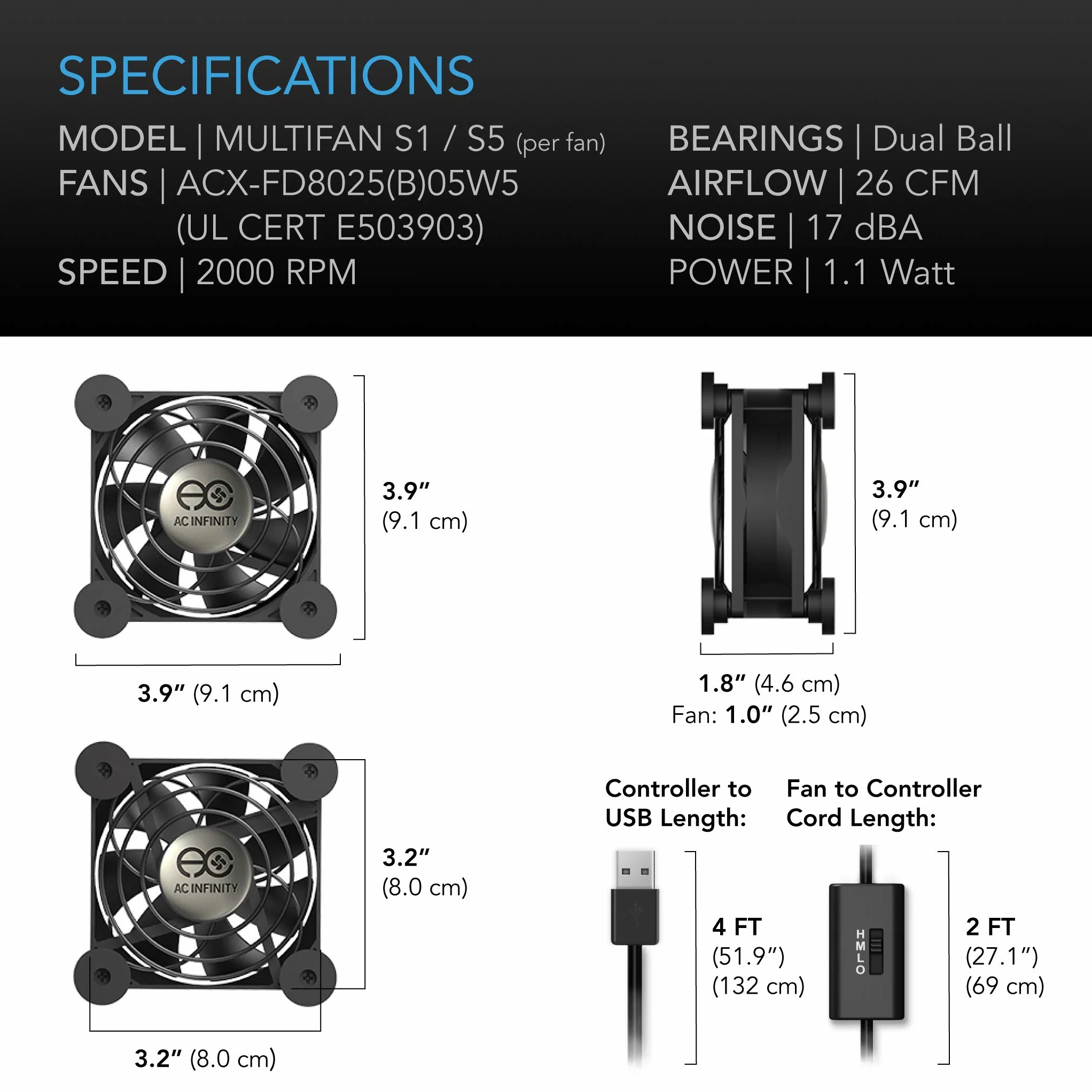 AC Infinity MULTIFAN S5, ventilador USB dual silencioso de 80mm con certificación UL para refrigeración de gabinetes de ordenador, receptores, DVR, PlayStation y Xbox