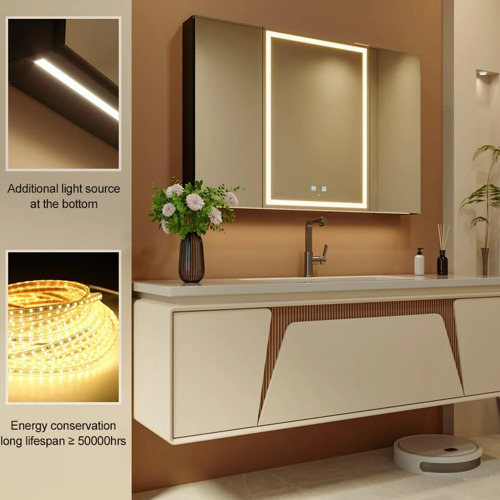 KWW LED Botiquín de Baño con Espejo, Temperatura de Color Ajustable, 3 Puertas 100×70 cm