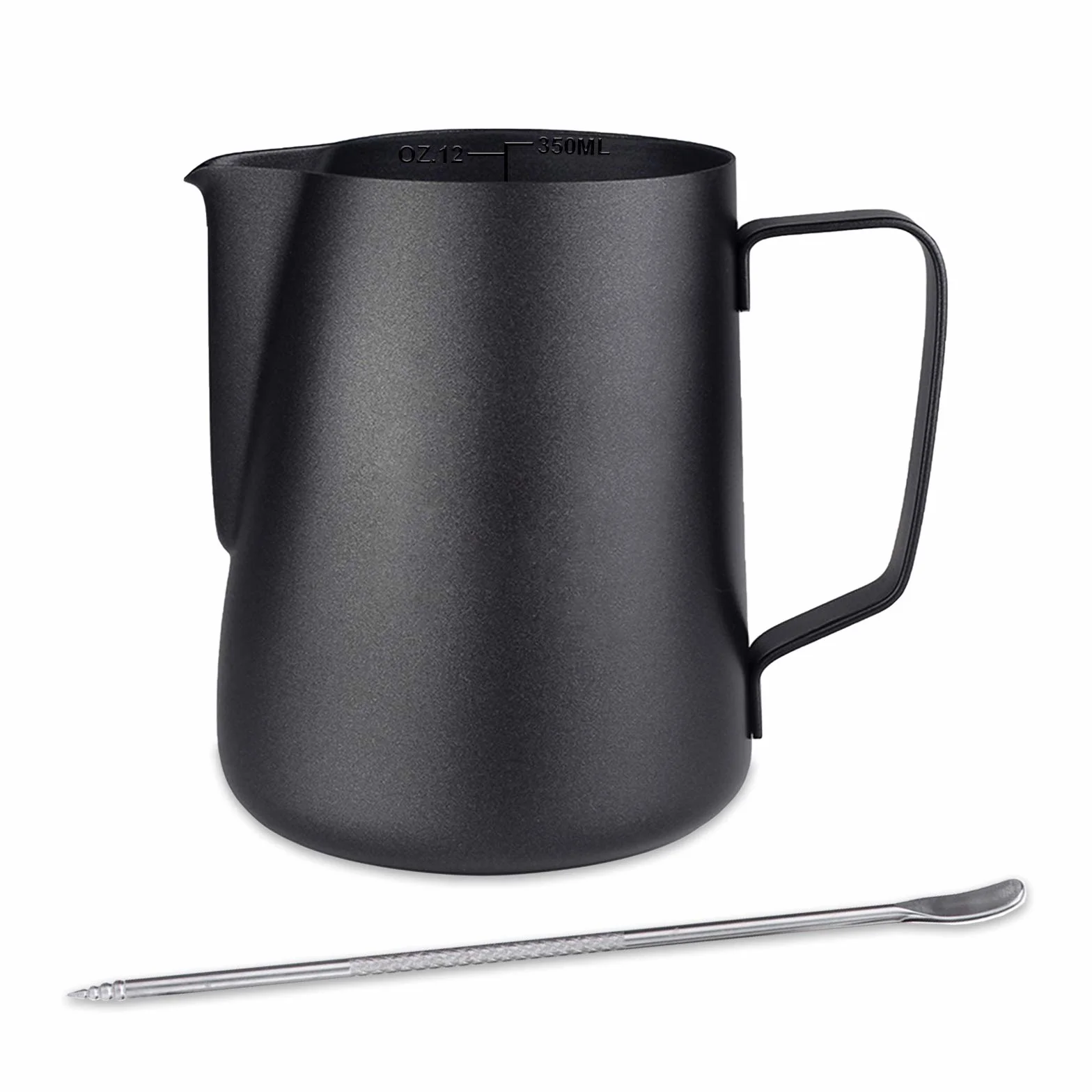 Jarra para Leche Acero Inoxidable Negro 350ml Taza de Café Espumar con Marca de Medición para Barista