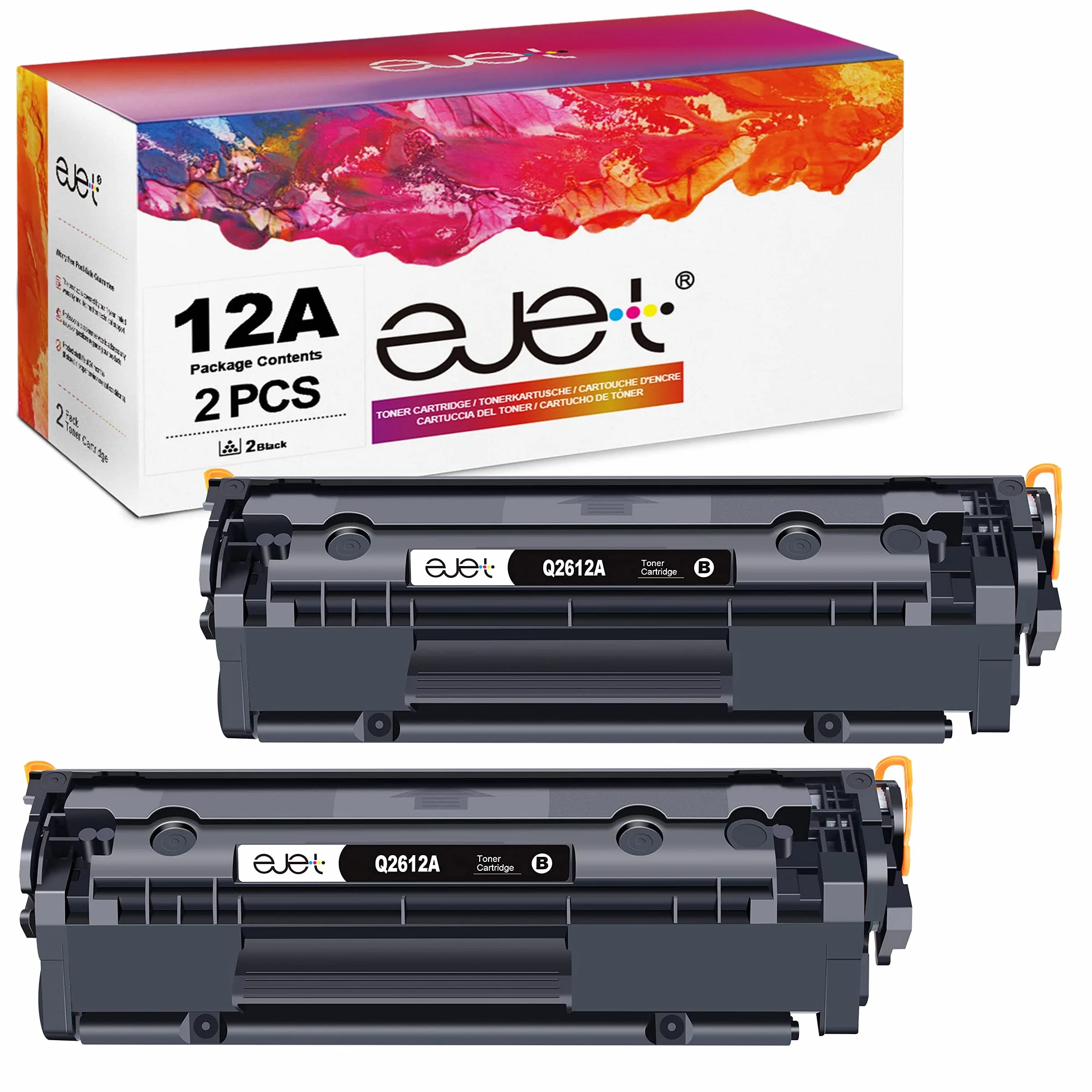 ejet 12A Compatibles para HP 12A Q2612A Cartuchos de Tóner para LaserJet 1010 1012 1015 1018 1020 1022 1022n 1022nw 3020 3030 3050 3052 3055 M10 05 M1 319 M1319f (Negro, 2 Pack)