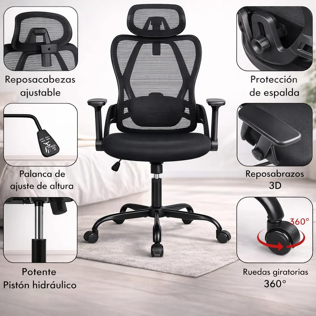 Silla de Oficina Ergonómica Profesional con Soporte Lumbar Ajustable, Reposacabezas Regulable, Reposabrazos 3D, Respaldo de Malla Transpirable, Ruedas 360º
