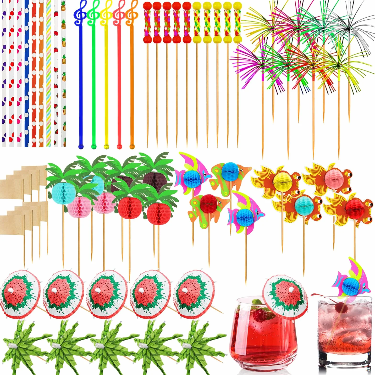 Decoración de Cócteles 179 Piezas, Paraguas de Cóctel, Pajitas de Papel, Palitos para Fiestas