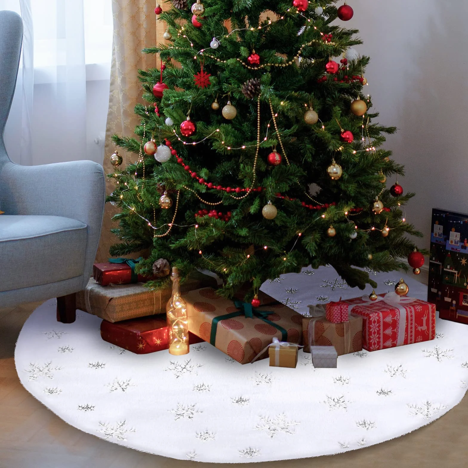 Falda Árbol de Navidad Blanco 78 CM Redondo Tapete Decoración Alfombra Manta Plata