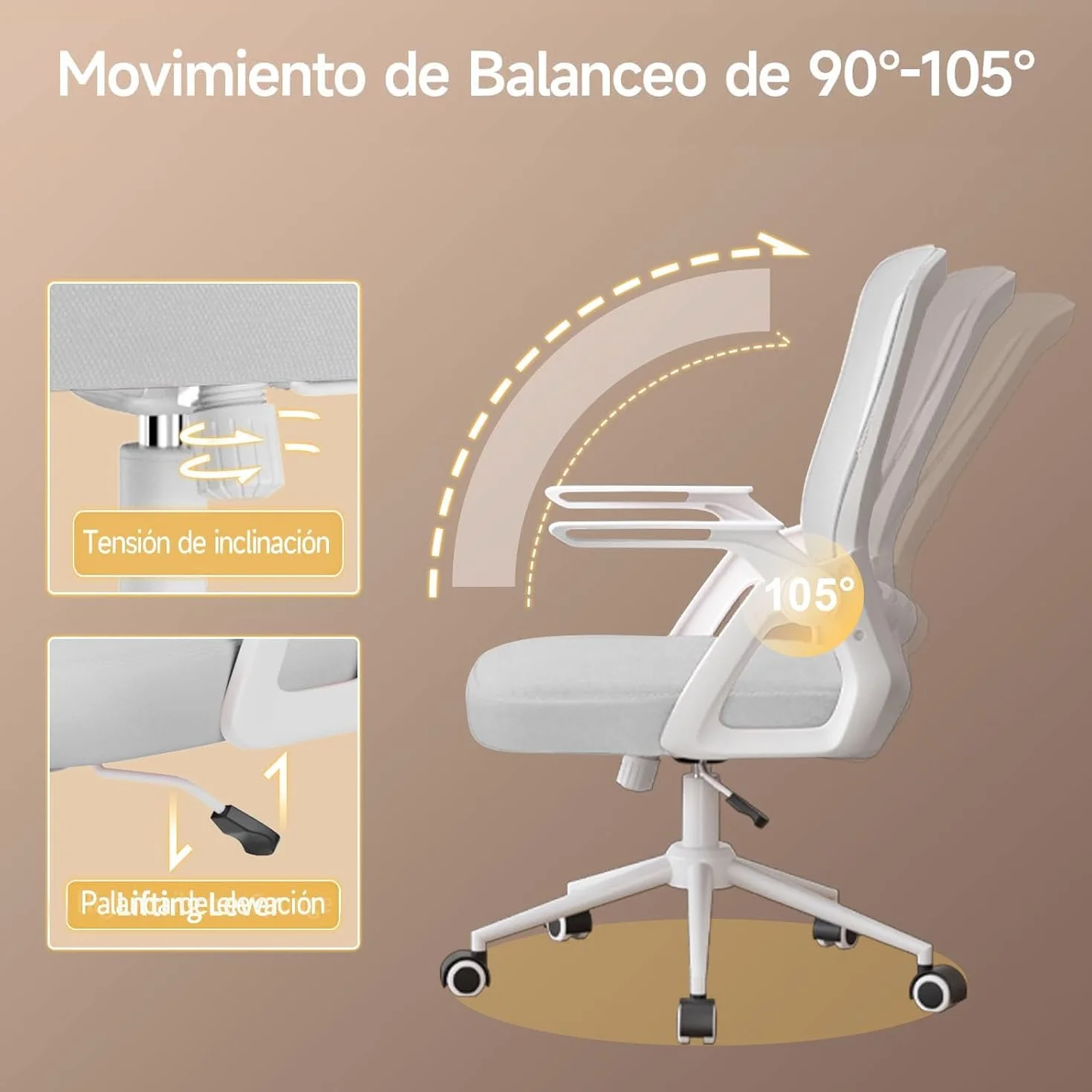 Silla Ergonómica de Oficina con Respaldo de Malla y Soporte Lumbar, Giratoria Altura Regulable, Reposabrazos Plegables 90°, Función Inclinable, Gris
