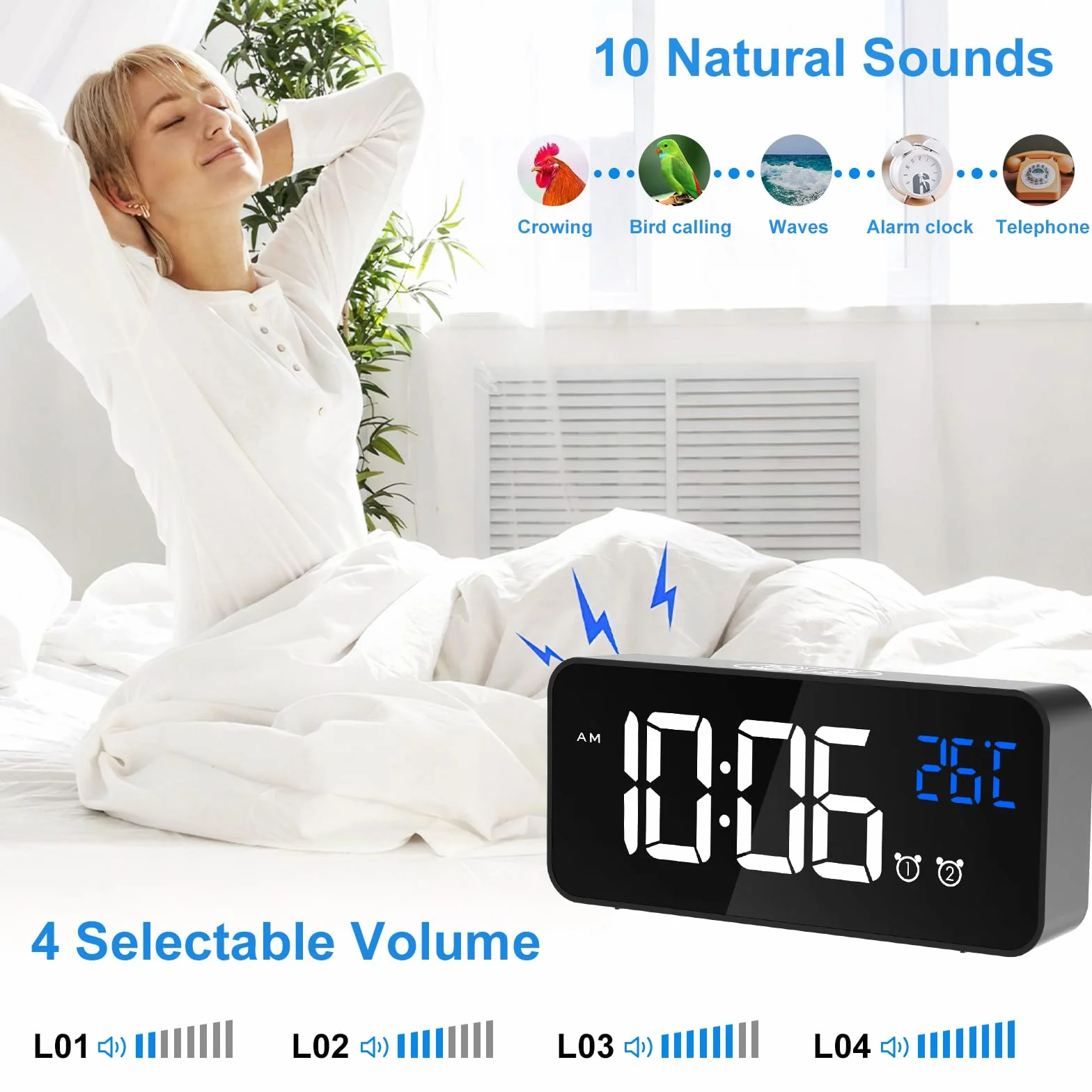 CHEREEKI Reloj Despertador Digital con Temperatura, Brillo Ajustable, Alarma Dual, Puerto USB