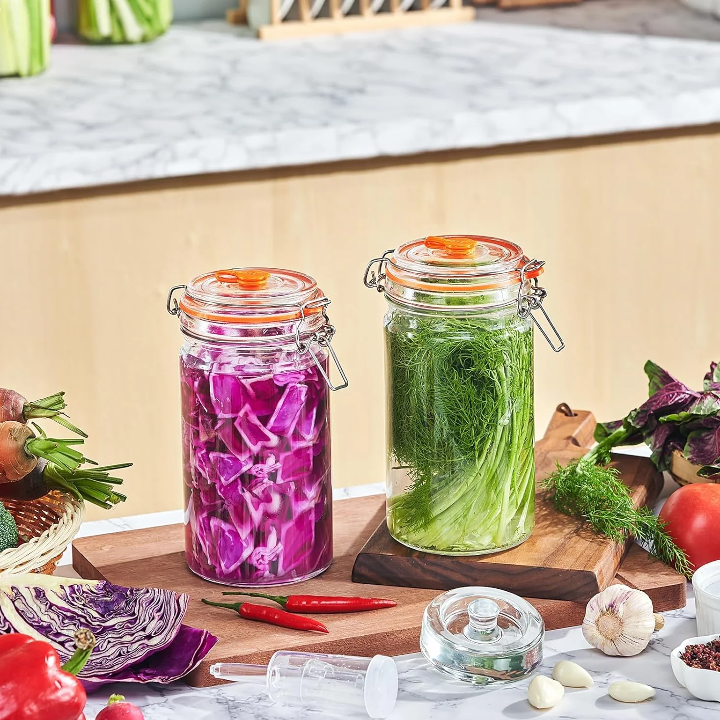 Tarros de Fermentación 1000ml con Cierre de Aire y Pesos, Cristal Transparente para Kimchi, Kombucha
