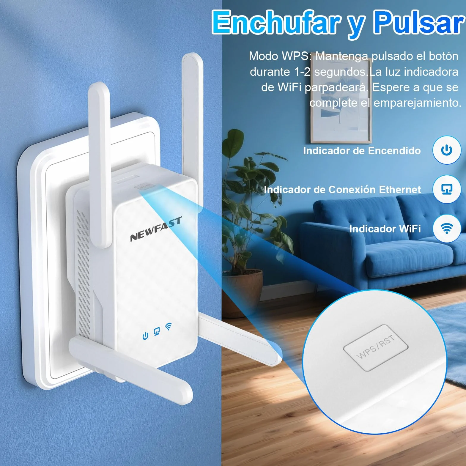 NEWFAST Repetidor WiFi 3000Mbps Amplificador Señal WiFi AX3000 Repetidor WiFi6 5.8/2.4GHz, Puerto Gigabit, 4 Antenas, WPA3, IEEE802.11ax/AC/b/g/n