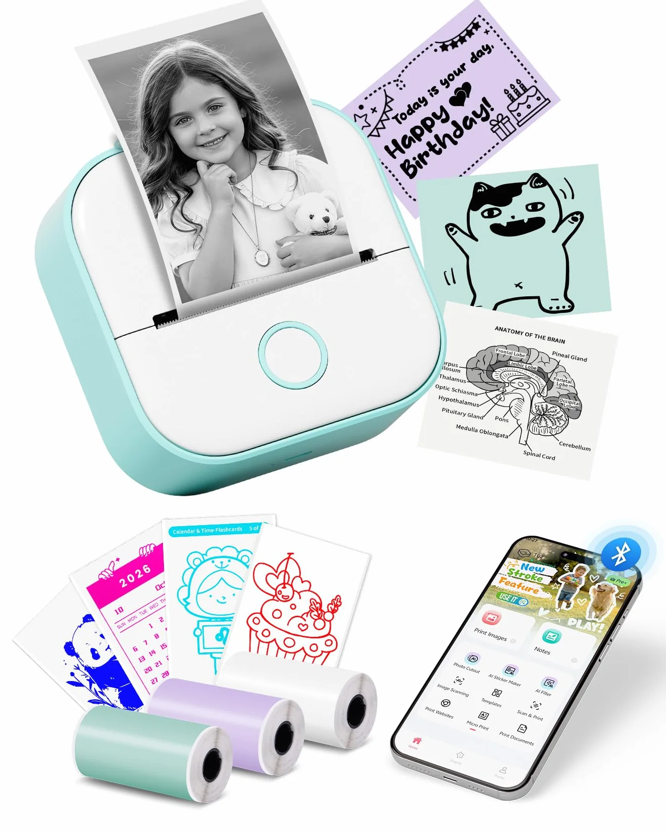 Mini Impresora Termica - Impresora Pegatinas Autoadhesivas T02 Impresora Portátil Sin Tinta Bolsillo Bluetooth Impresora Fotos Movil para el Aprendizaje, Notas de Estudio, Diagrama Anatómico, Fotos