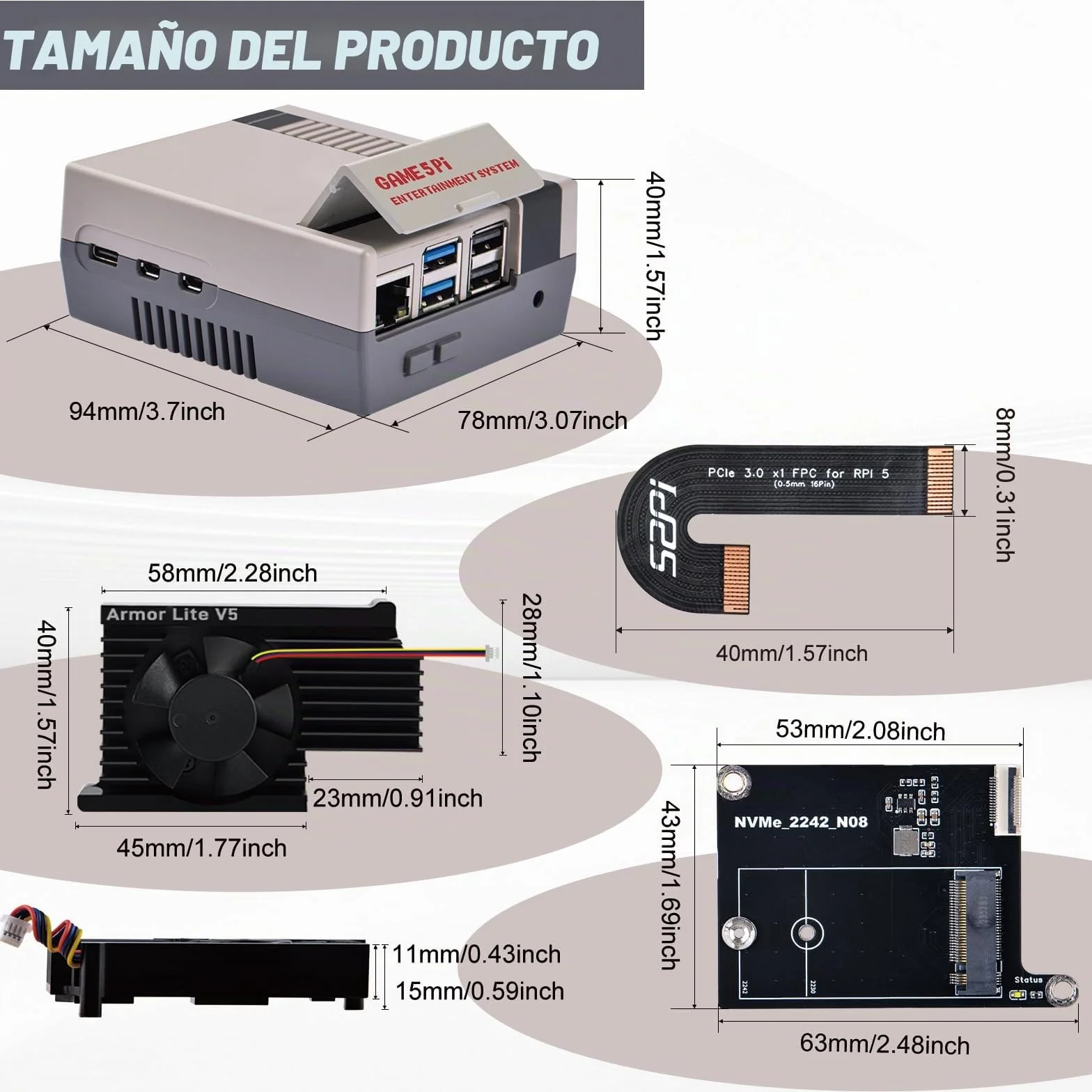 GeeekPi Funda retro Game5Pi con placa M.2 NVMe PCIe N08 y Armor Lite V5 Active Cooler para Raspberry Pi 5