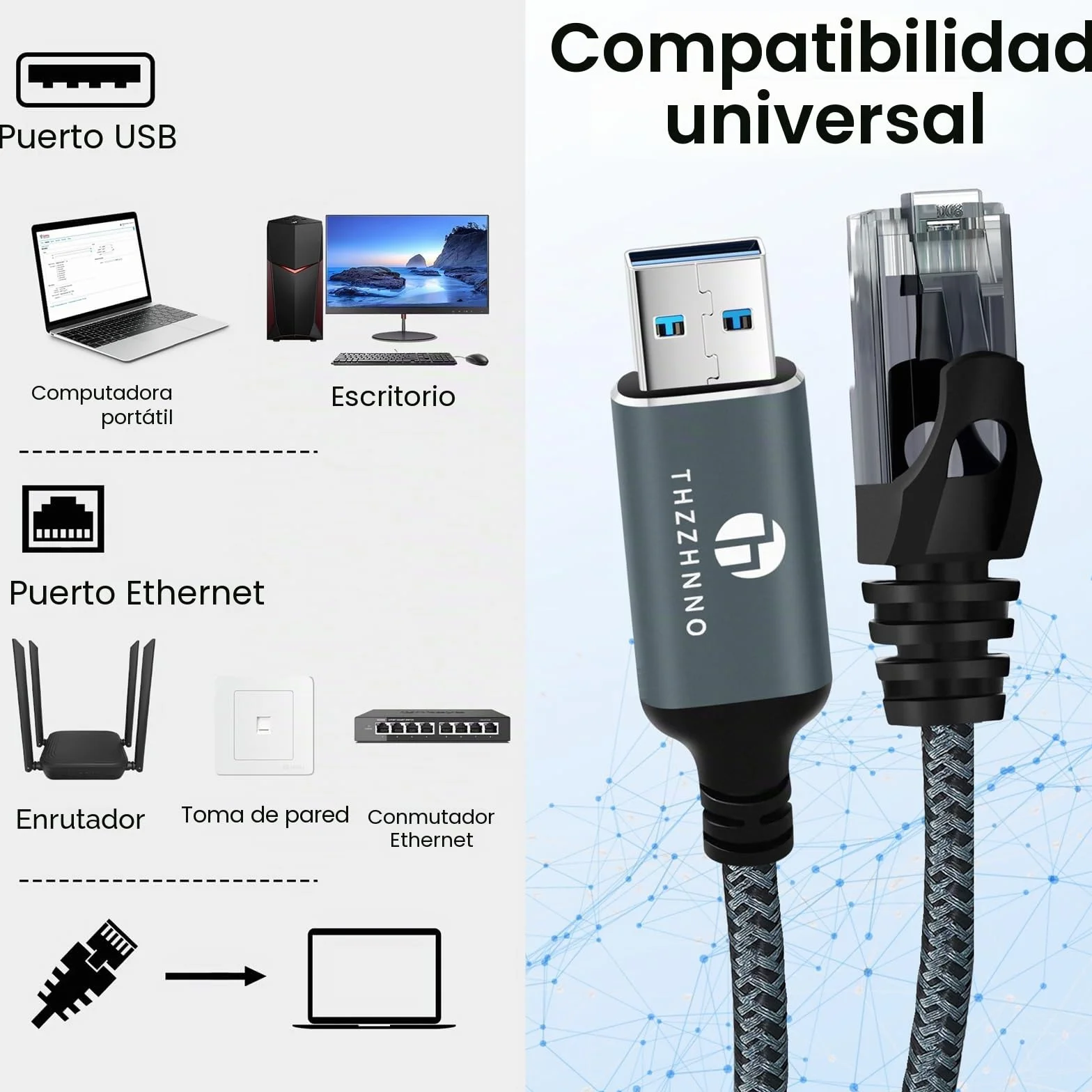 Adaptador USB a Ethernet 1M, USB 3.0 A a RJ45 Macho, Cable Gigabit LAN conectado directamente, Compatible con laptop, PC, MacBook, Switch, Windows, MacOS, Linux