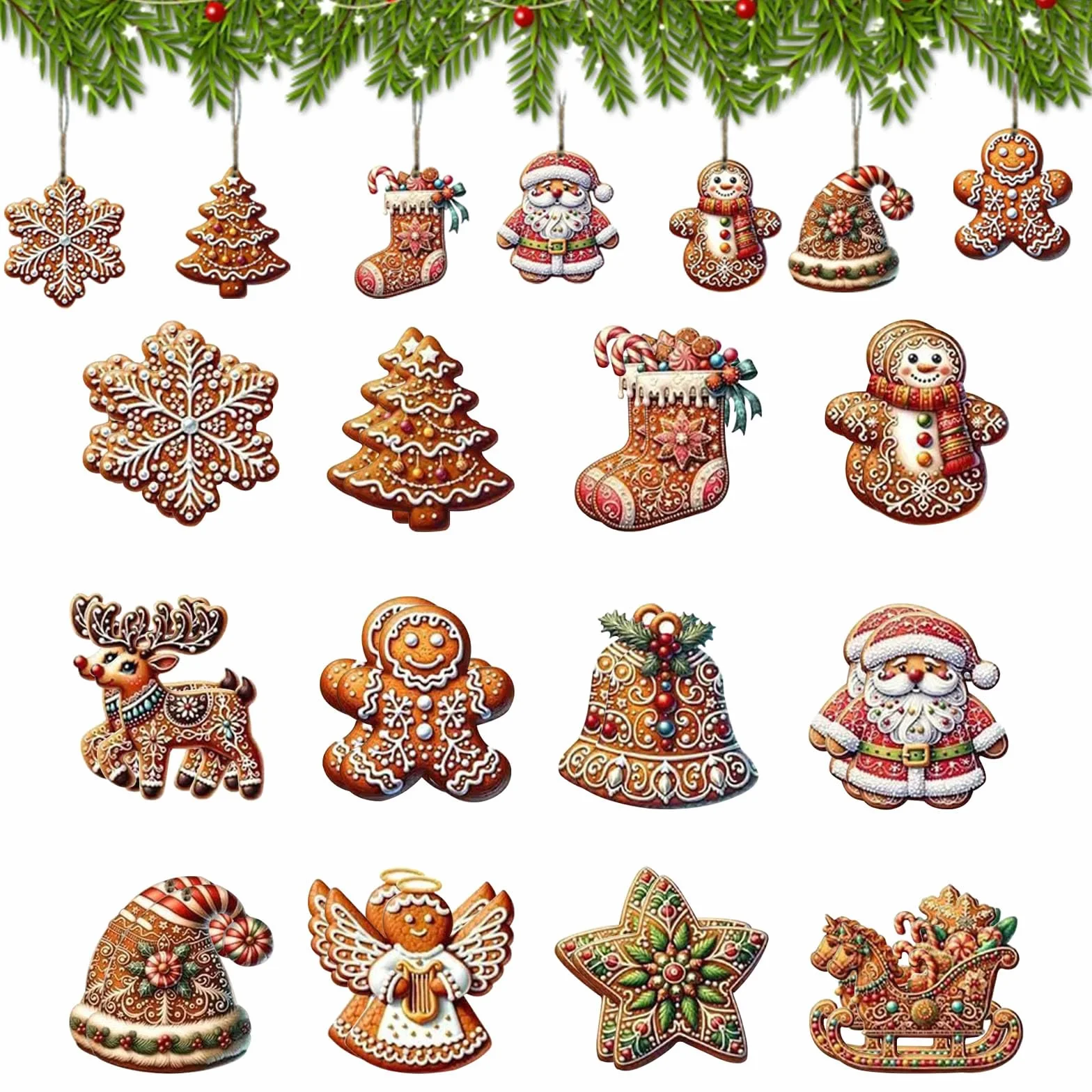 Adornos Arbol Navidad de Madera 24 Piezas con Soga Papá Noel Reno Ángel Estrella Christmas Tree Decorations