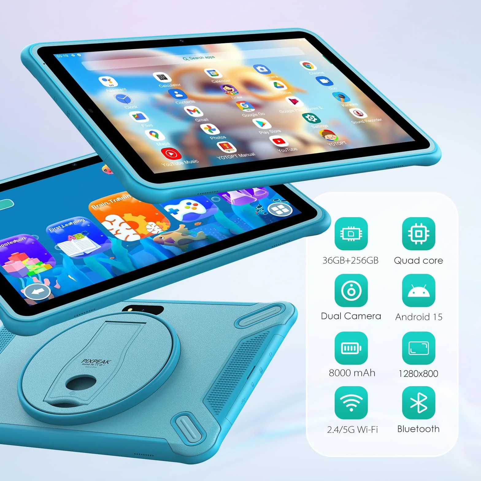 Tablet para niños 10 Pulgadas, 36GB RAM 256GB ROM (SD expandible), Android 15.0, Control Parental, Pantalla HD IPS, 5MP+2MP, WiFi, Bluetooth, Tablet educativa(Azul)