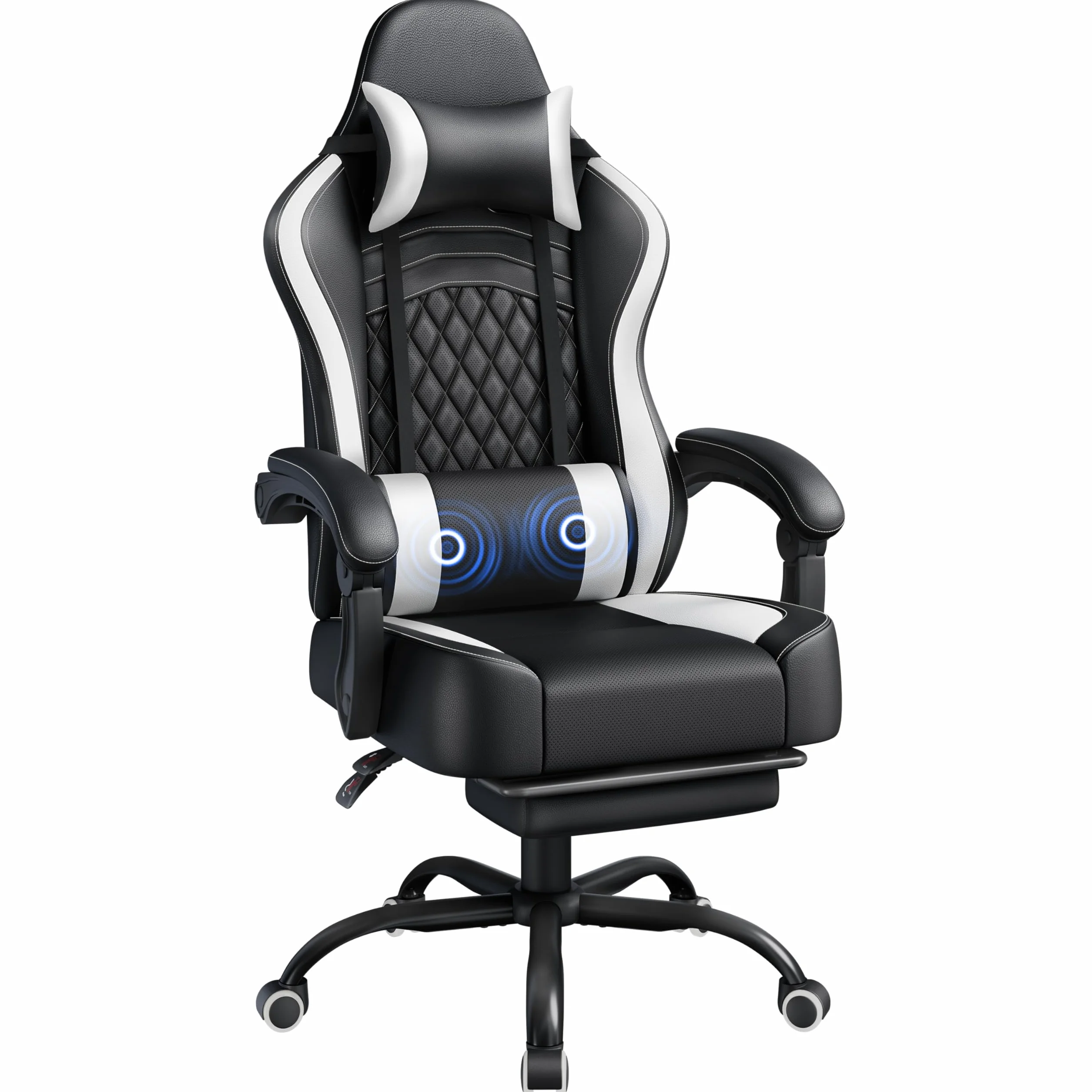 Yaheetech Silla Gaming Ergonómica con Respaldo Alto, Masaje Lumbar, Reposacabezas y Reposapiés, Ajustable, Negra/Blanca